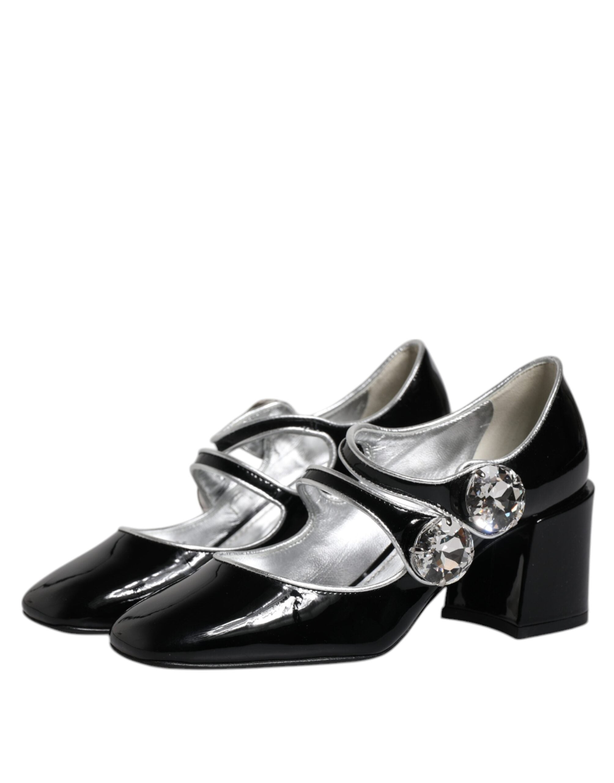 Black Patent Leather Crystal Mary Jane Pumps Shoes - ventzia