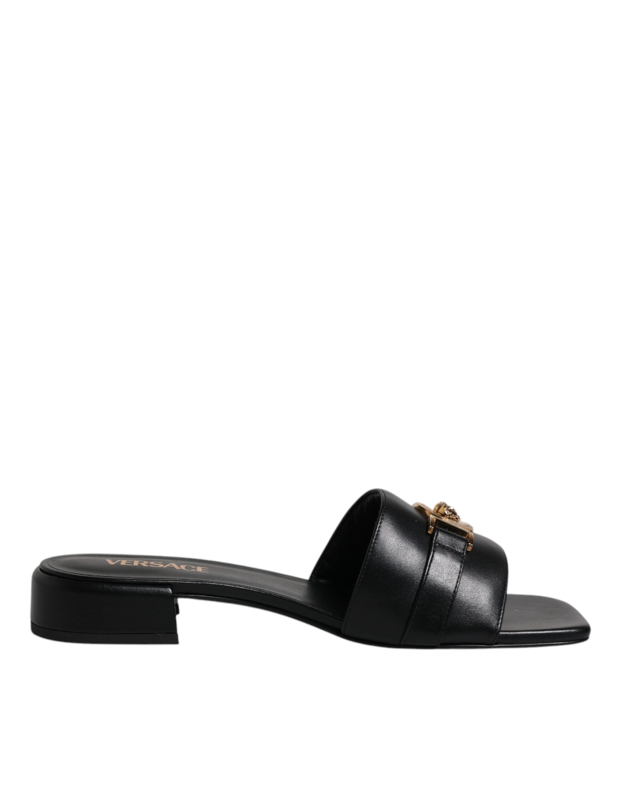 Black Leather Logo Plaque Slip On Slides Flats Shoes - ventzia