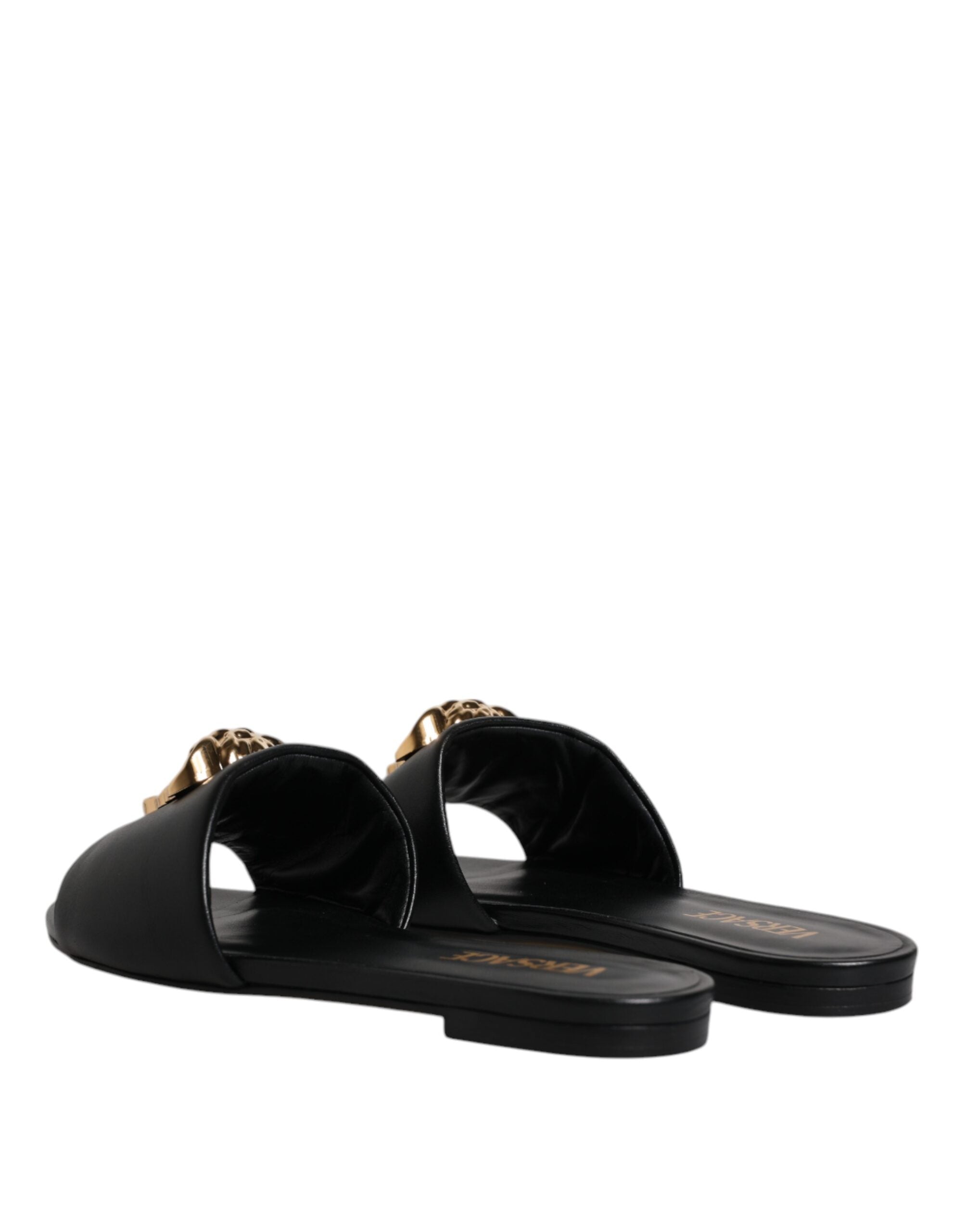 Black Leather Logo Plaque Slip On Slides Flats Shoes - ventzia