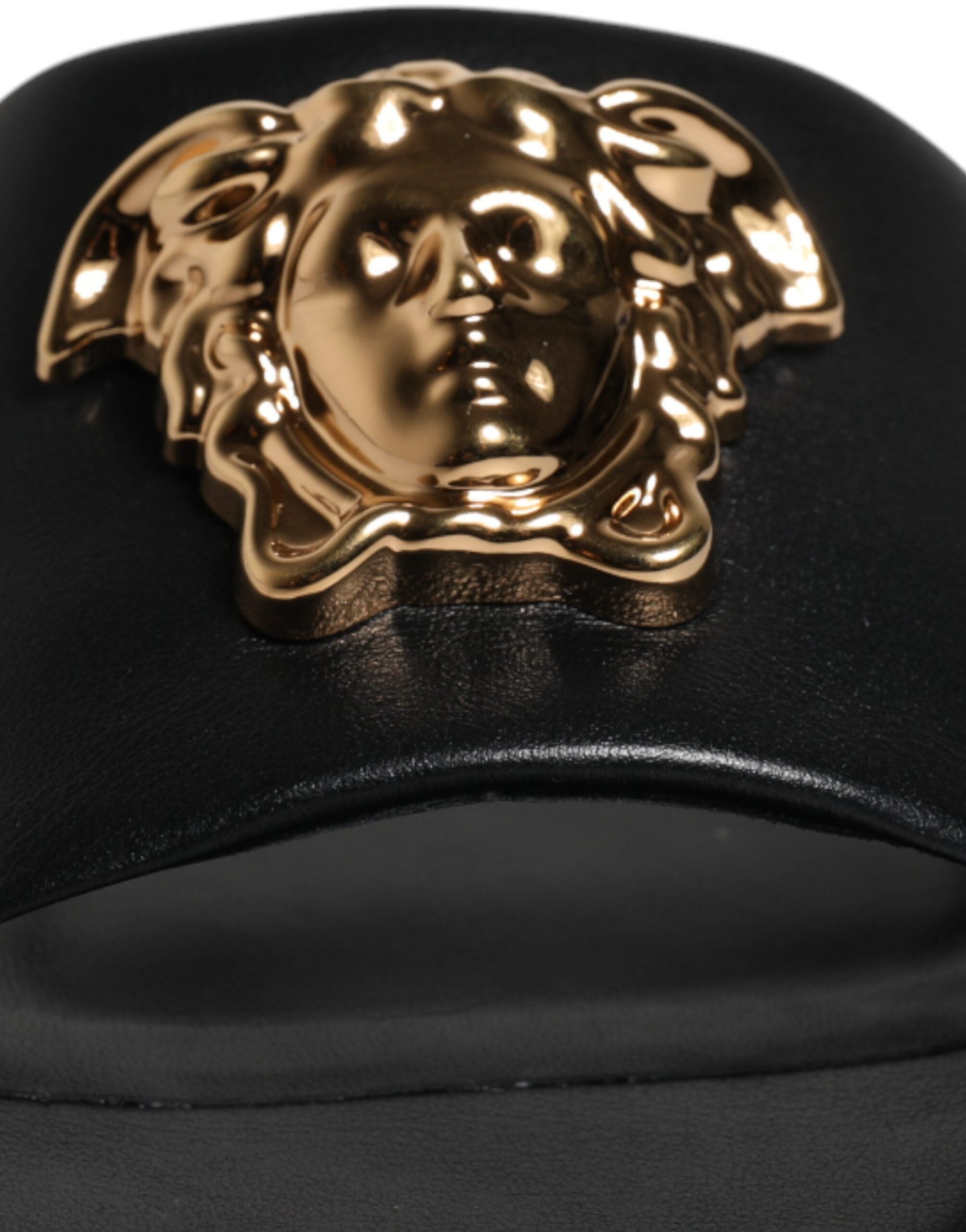 Black Leather Logo Plaque Slip On Slides Flats Shoes - ventzia