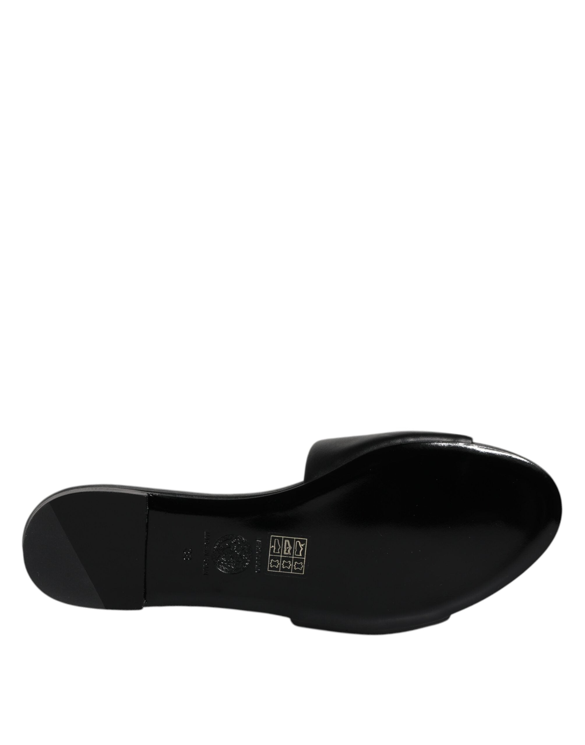 Black Leather Logo Plaque Slip On Slides Flats Shoes - ventzia