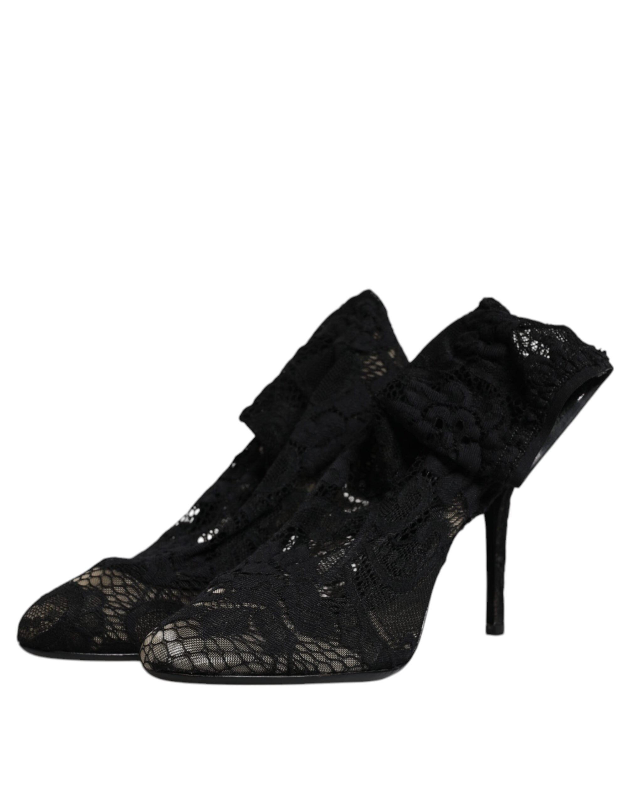 Black Lace Stretch Heels Mid Calf Boots Shoes - ventzia