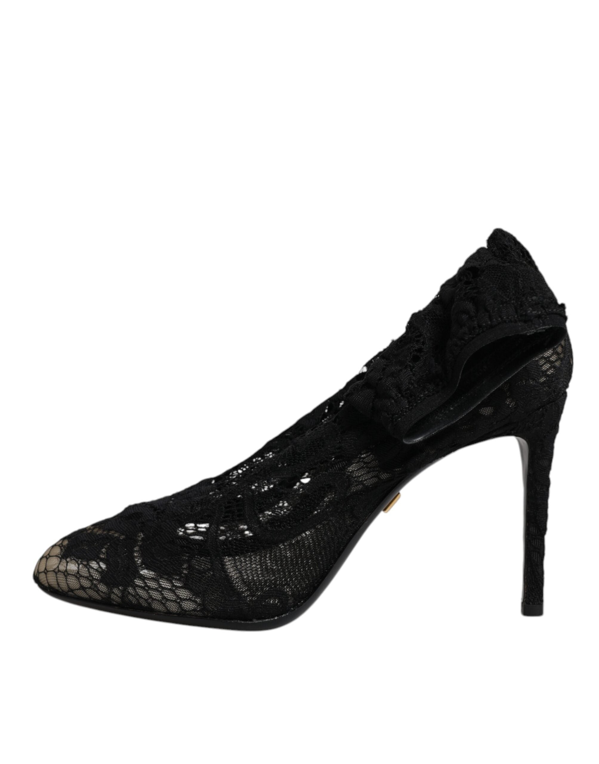Black Lace Stretch Heels Mid Calf Boots Shoes - ventzia