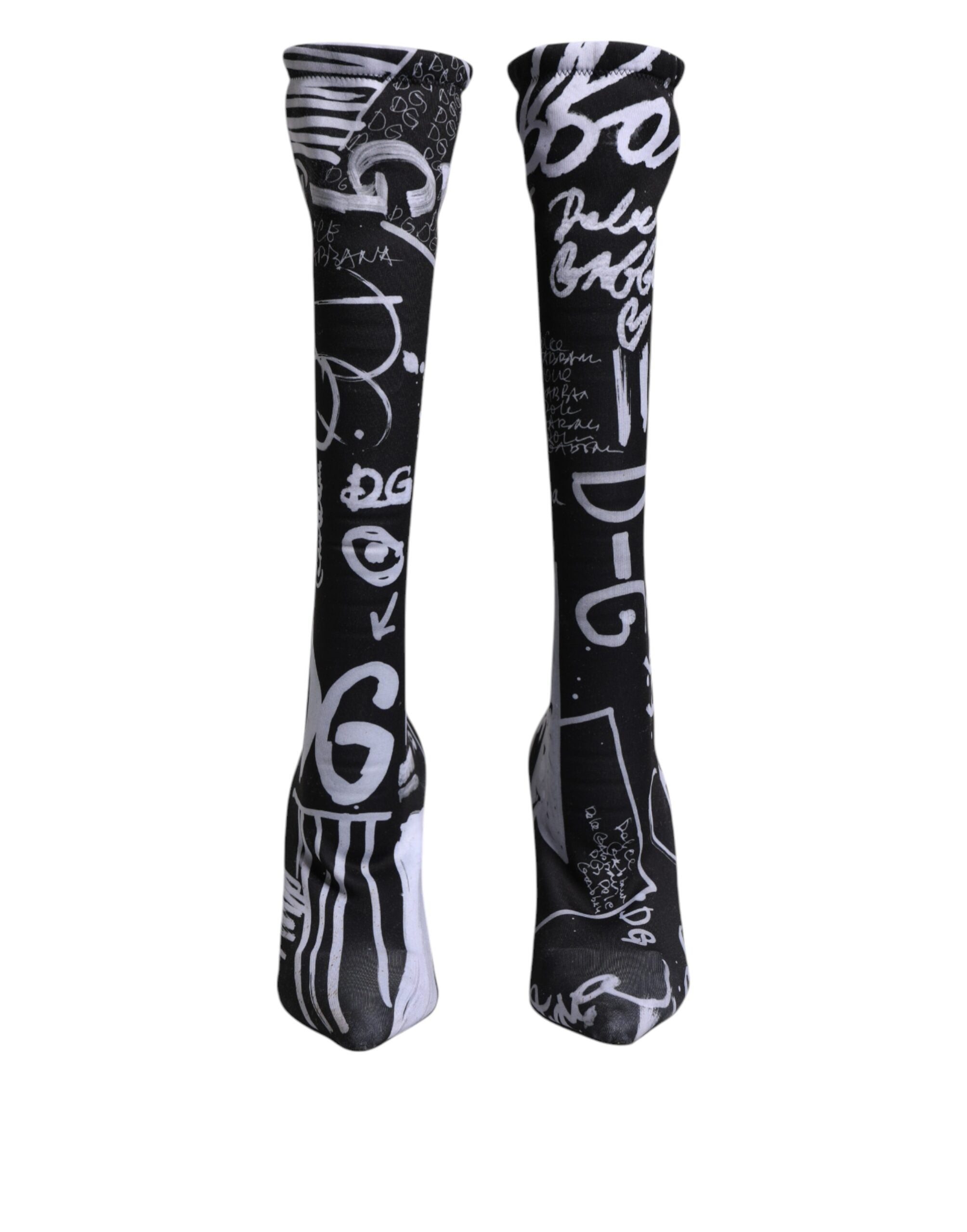 Black Logo Stretch Heels High Boots Shoes - ventzia