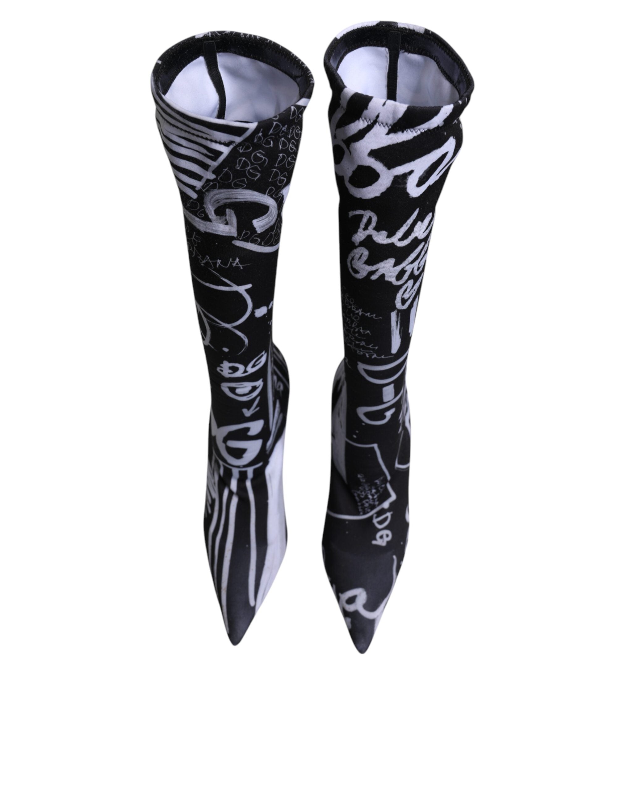 Black Logo Stretch Heels High Boots Shoes - ventzia