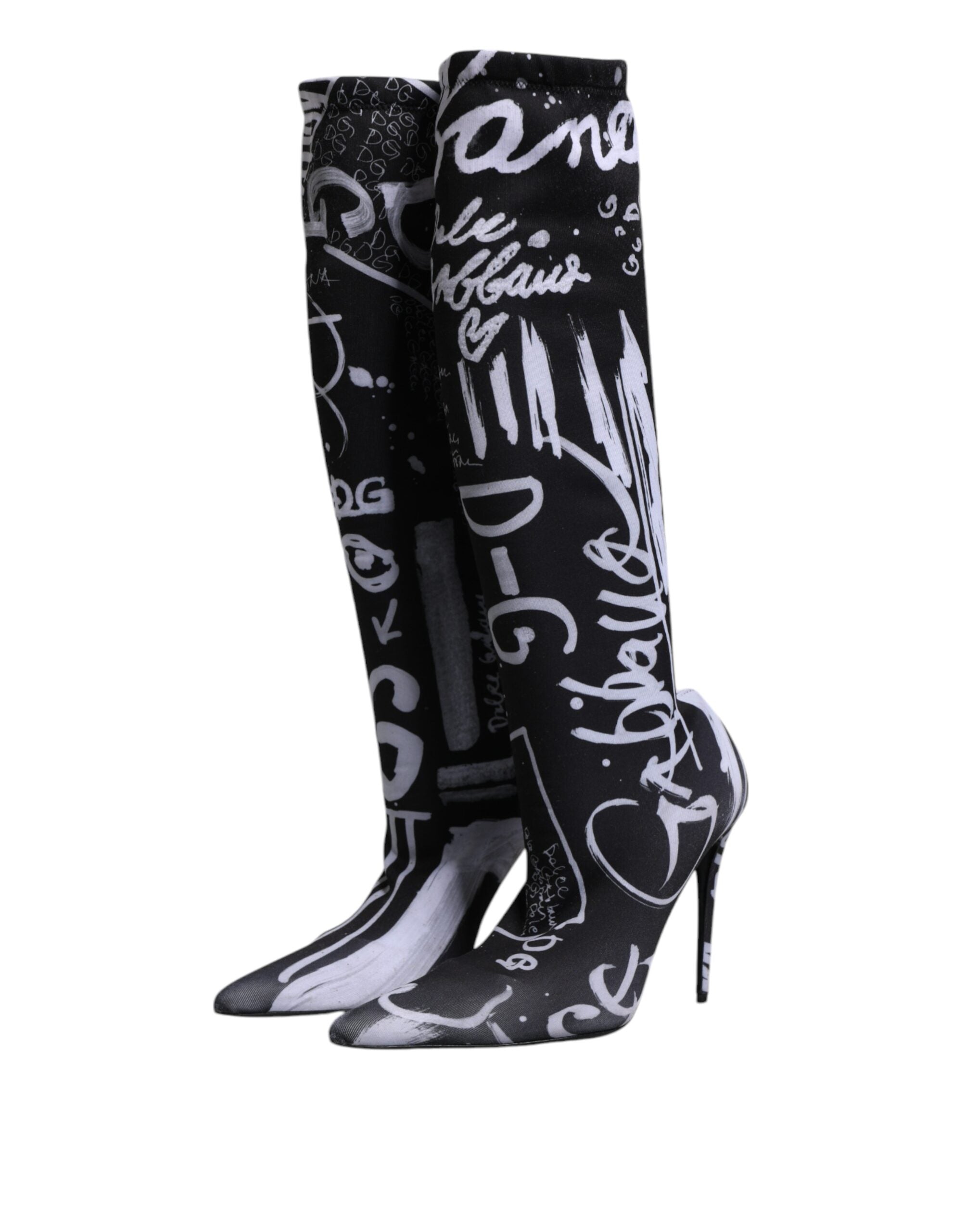 Black Logo Stretch Heels High Boots Shoes - ventzia