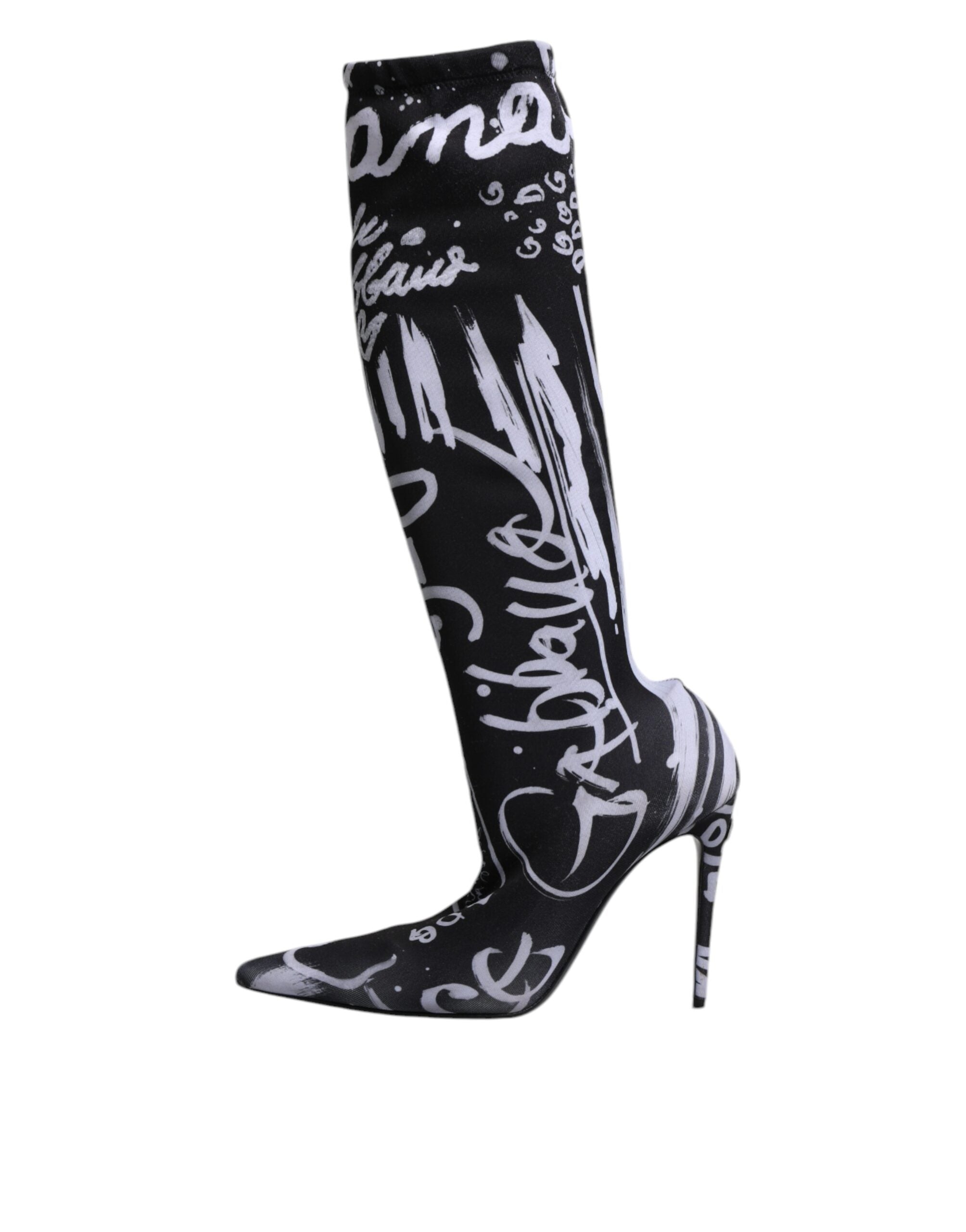 Black Logo Stretch Heels High Boots Shoes - ventzia