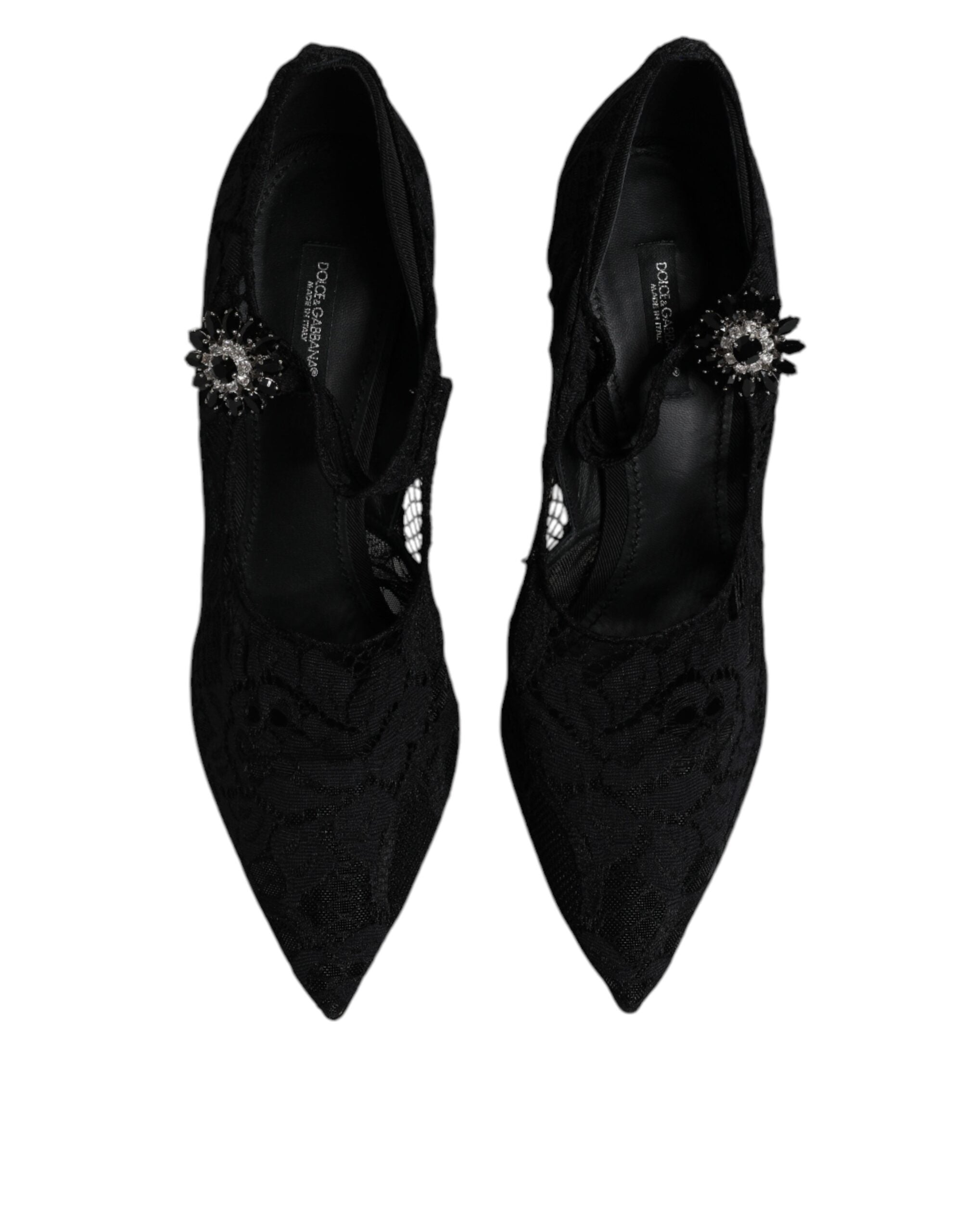 Black Lace Crystals Mary Jane Pumps Shoes - ventzia