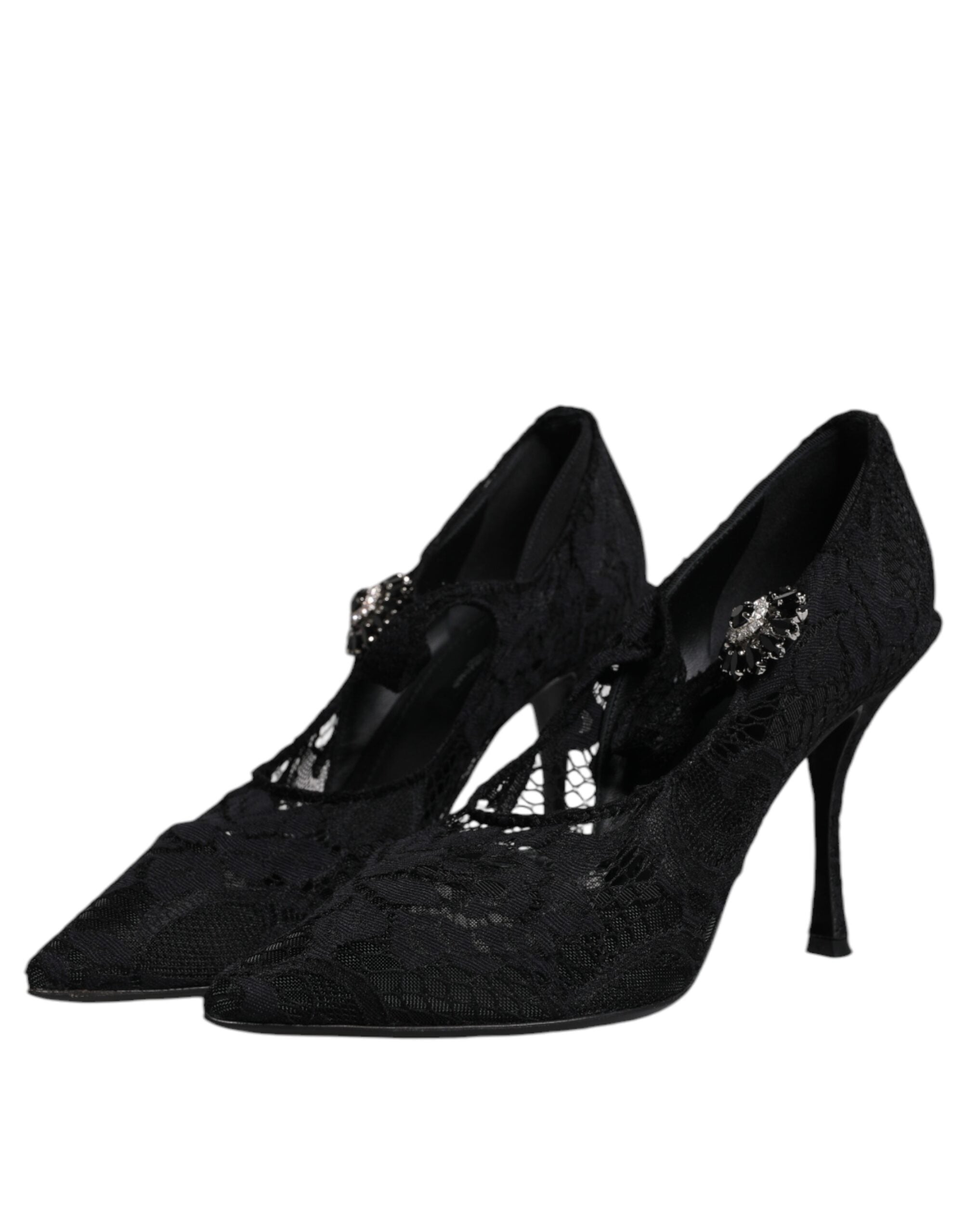 Black Lace Crystals Mary Jane Pumps Shoes - ventzia