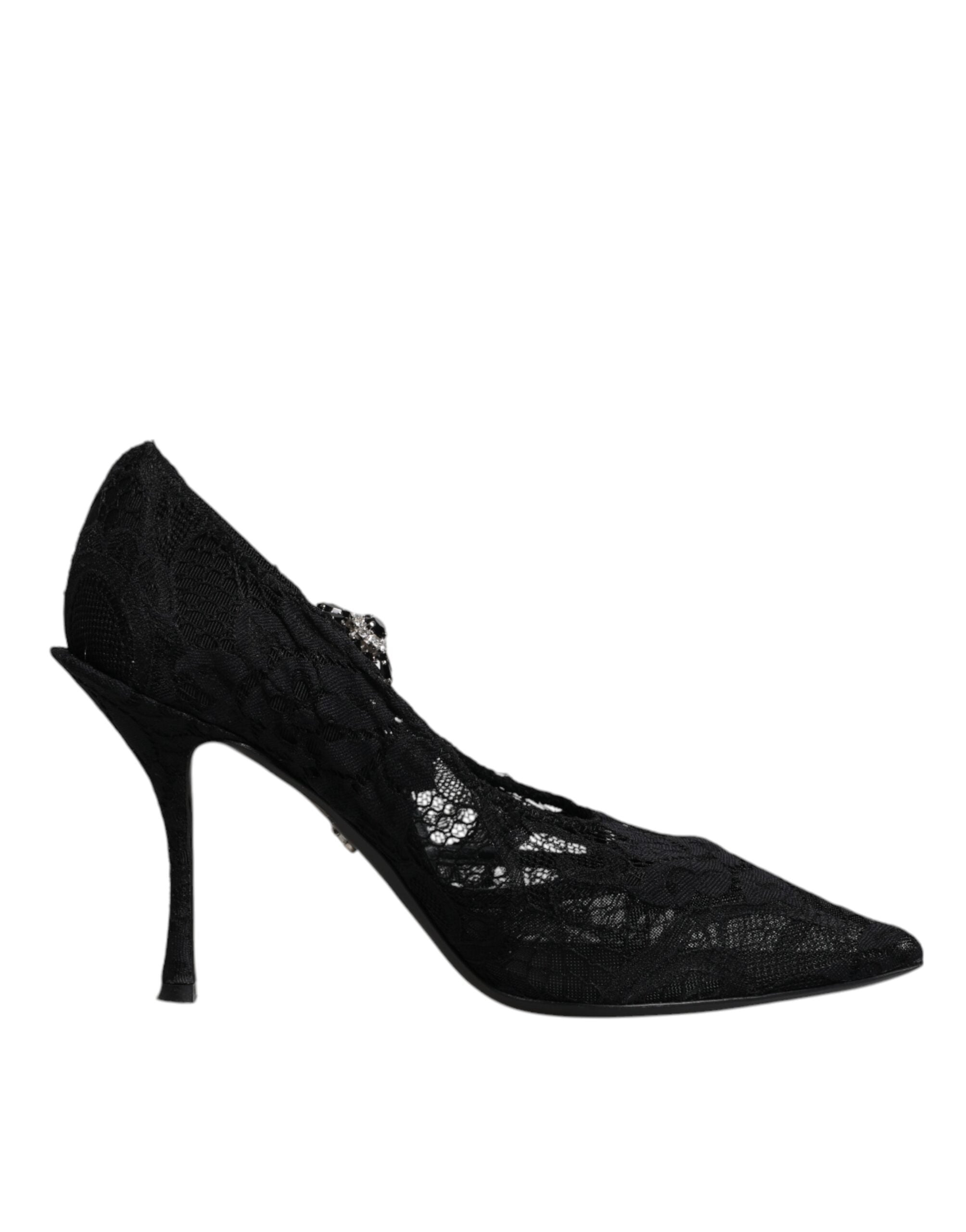 Black Lace Crystals Mary Jane Pumps Shoes - ventzia