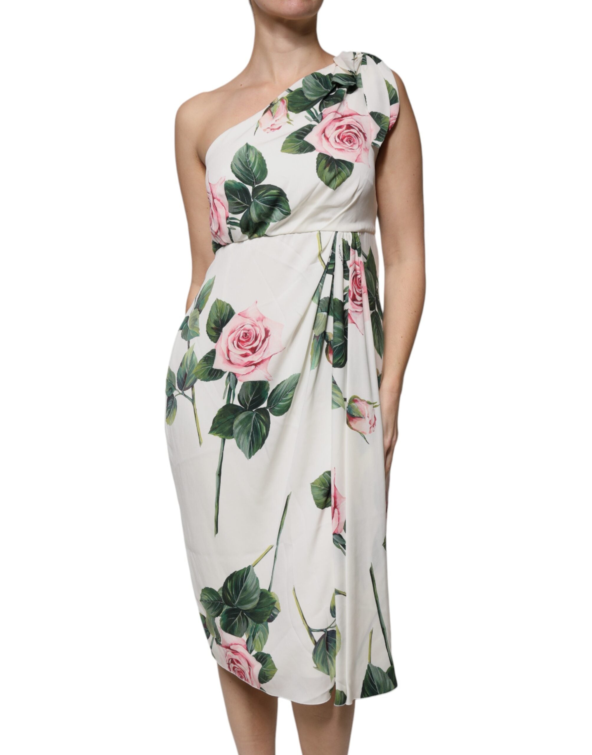 White Floral Silk One Shoulder Midi Dress - ventzia