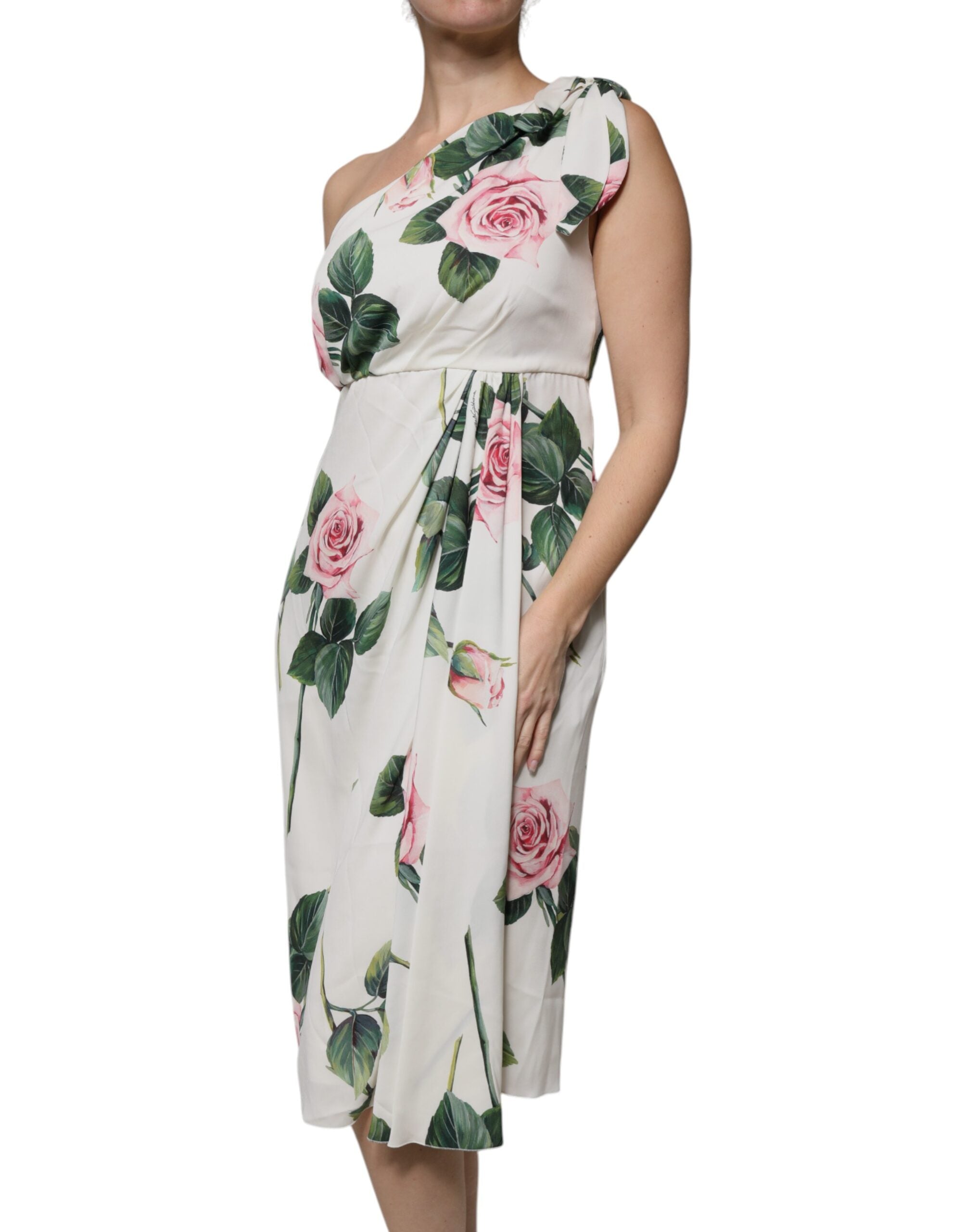 White Floral Silk One Shoulder Midi Dress - ventzia