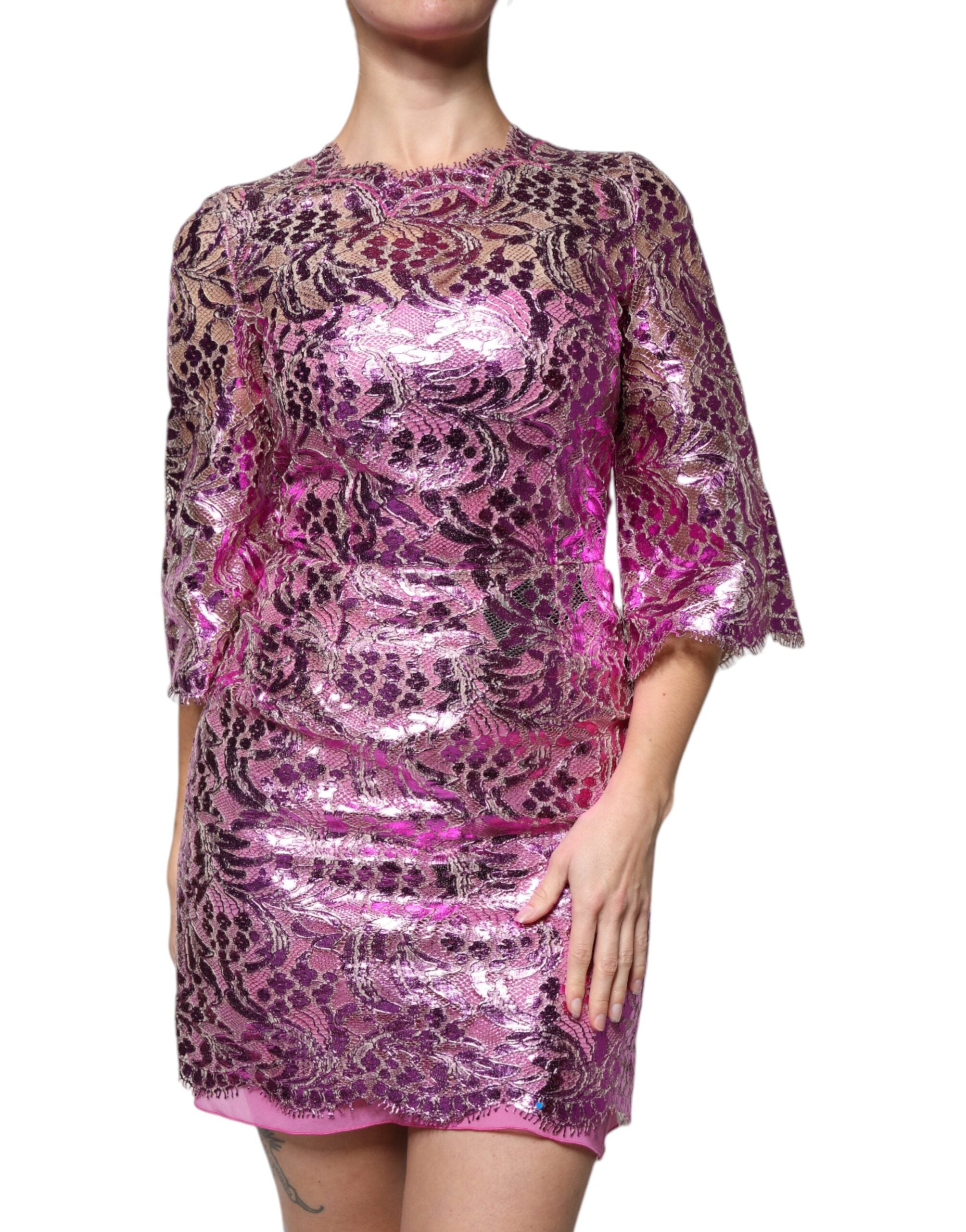 Metallic Fuchsia Floral Sheath Mini Dress - ventzia