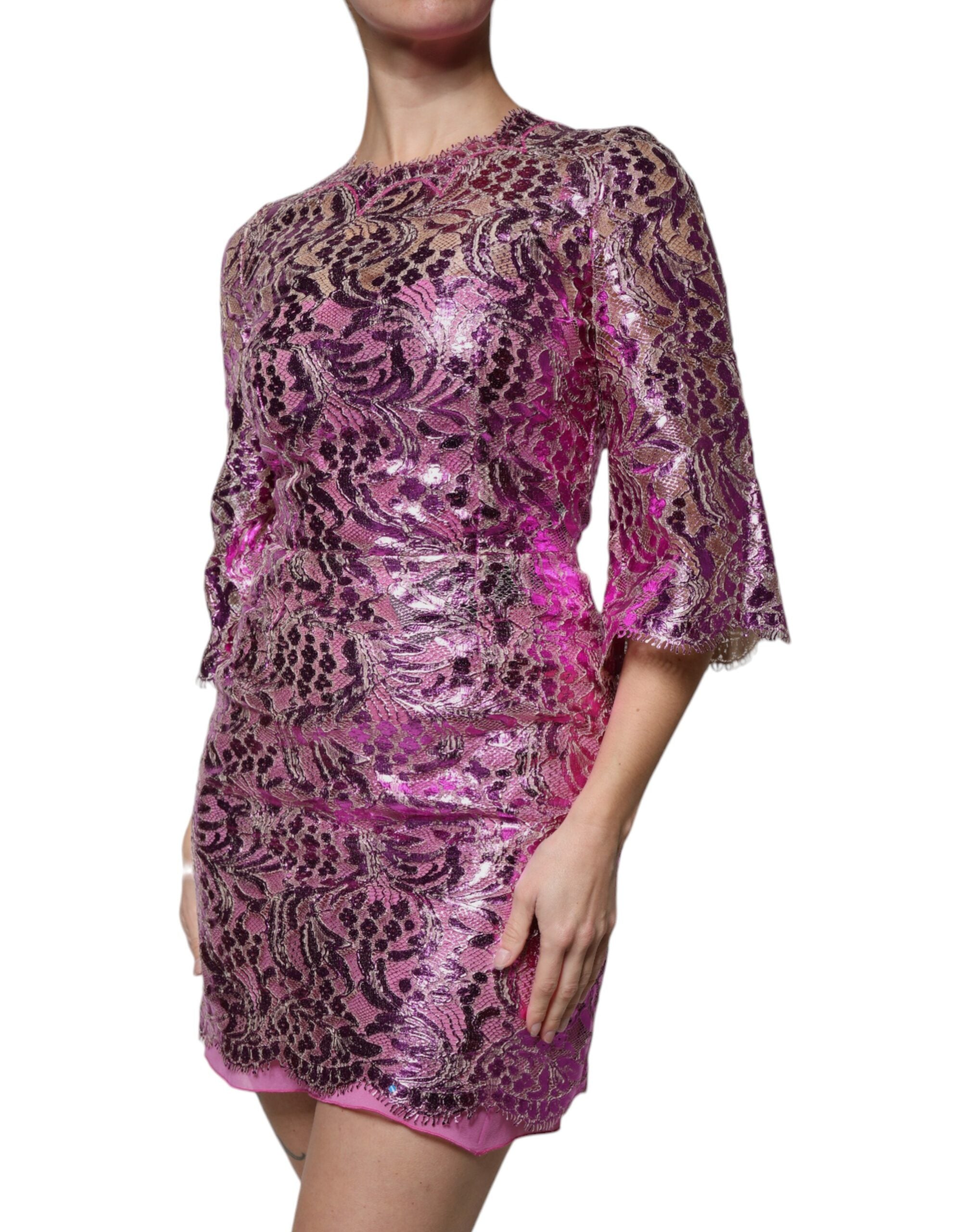 Metallic Fuchsia Floral Sheath Mini Dress - ventzia