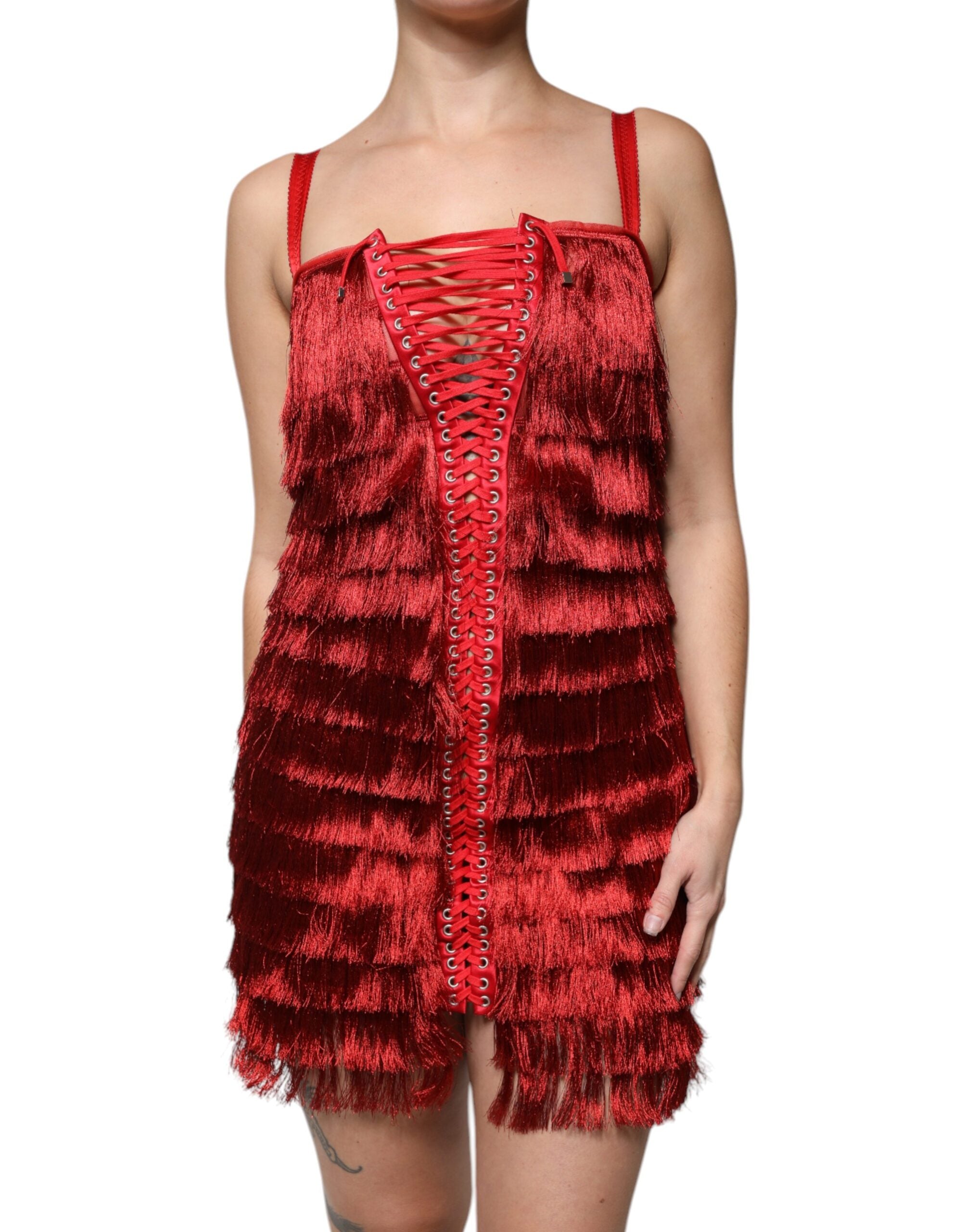 Red Lace Tassel Sleeveless Sheath Mini Dress - ventzia