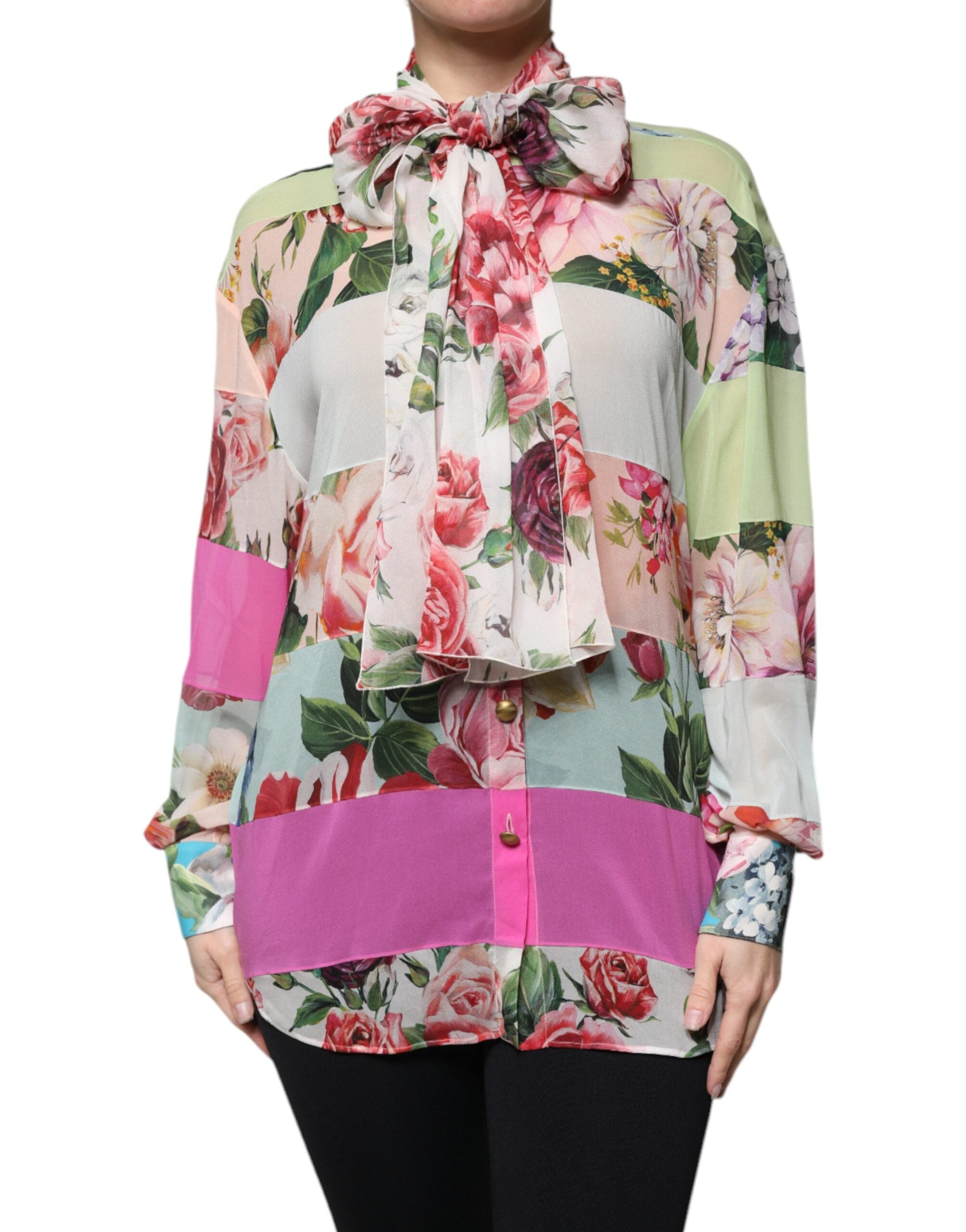 Multicolor Floral Patchwork Ascot Collar Top - ventzia