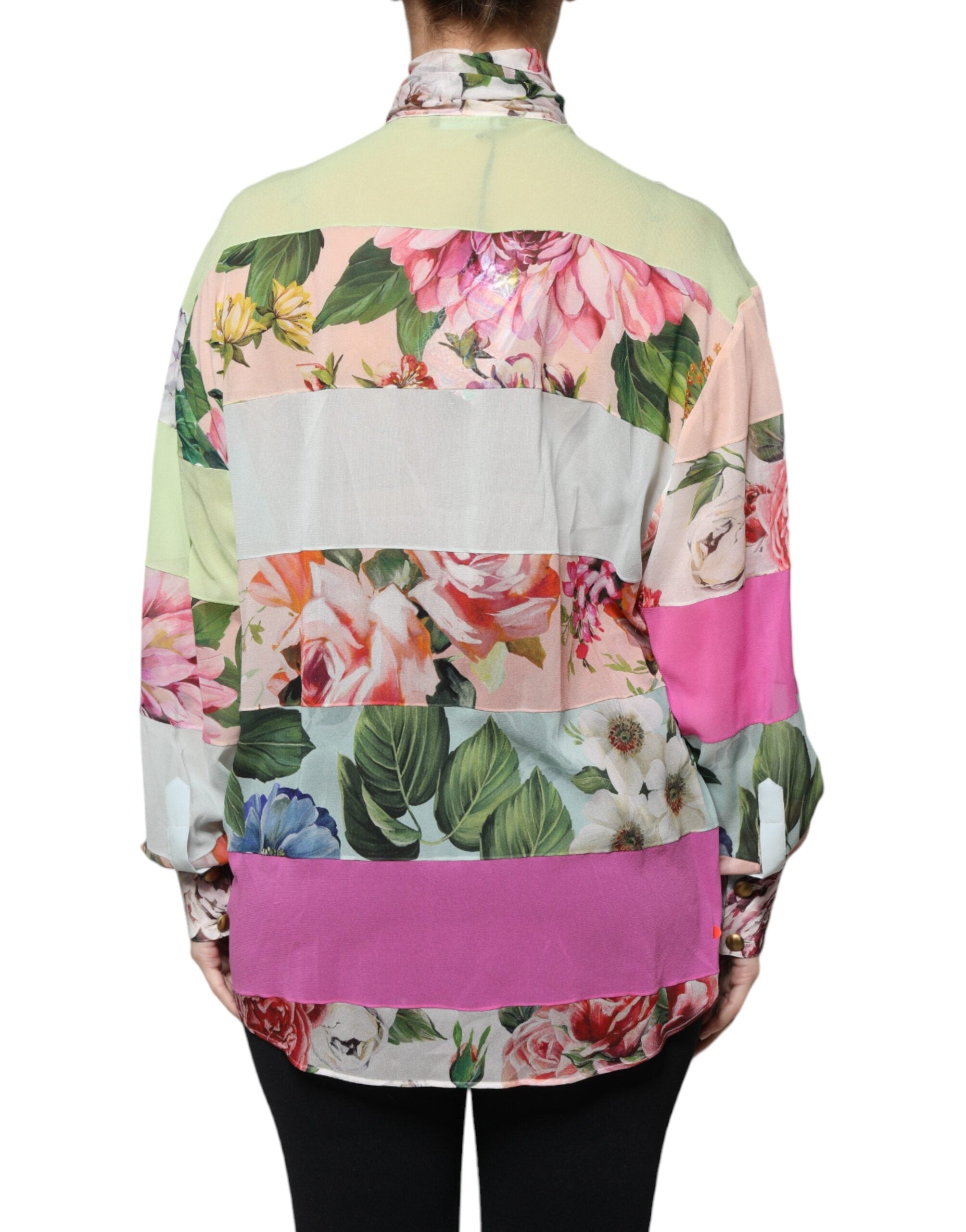 Multicolor Floral Patchwork Ascot Collar Top - ventzia