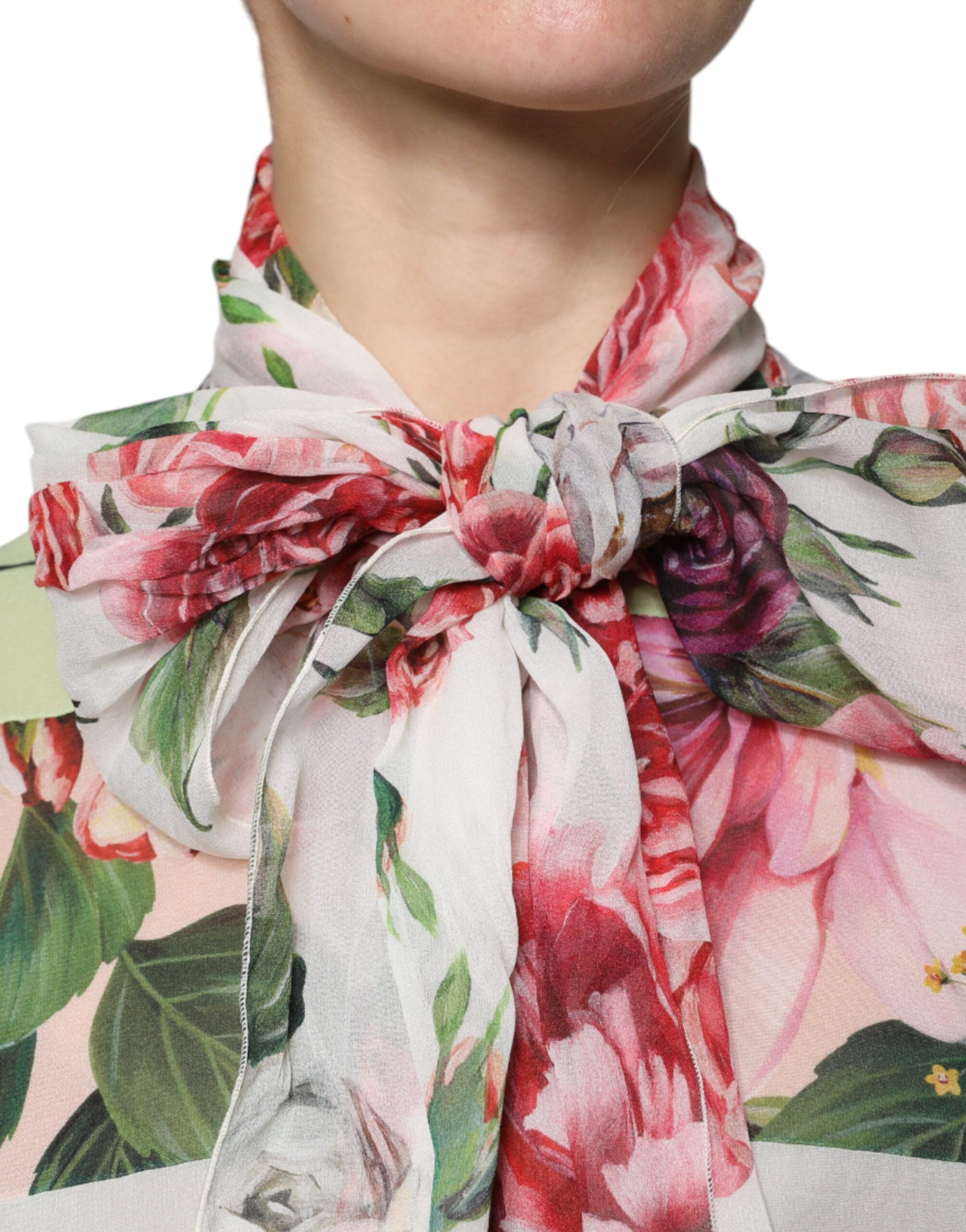 Multicolor Floral Patchwork Ascot Collar Top - ventzia