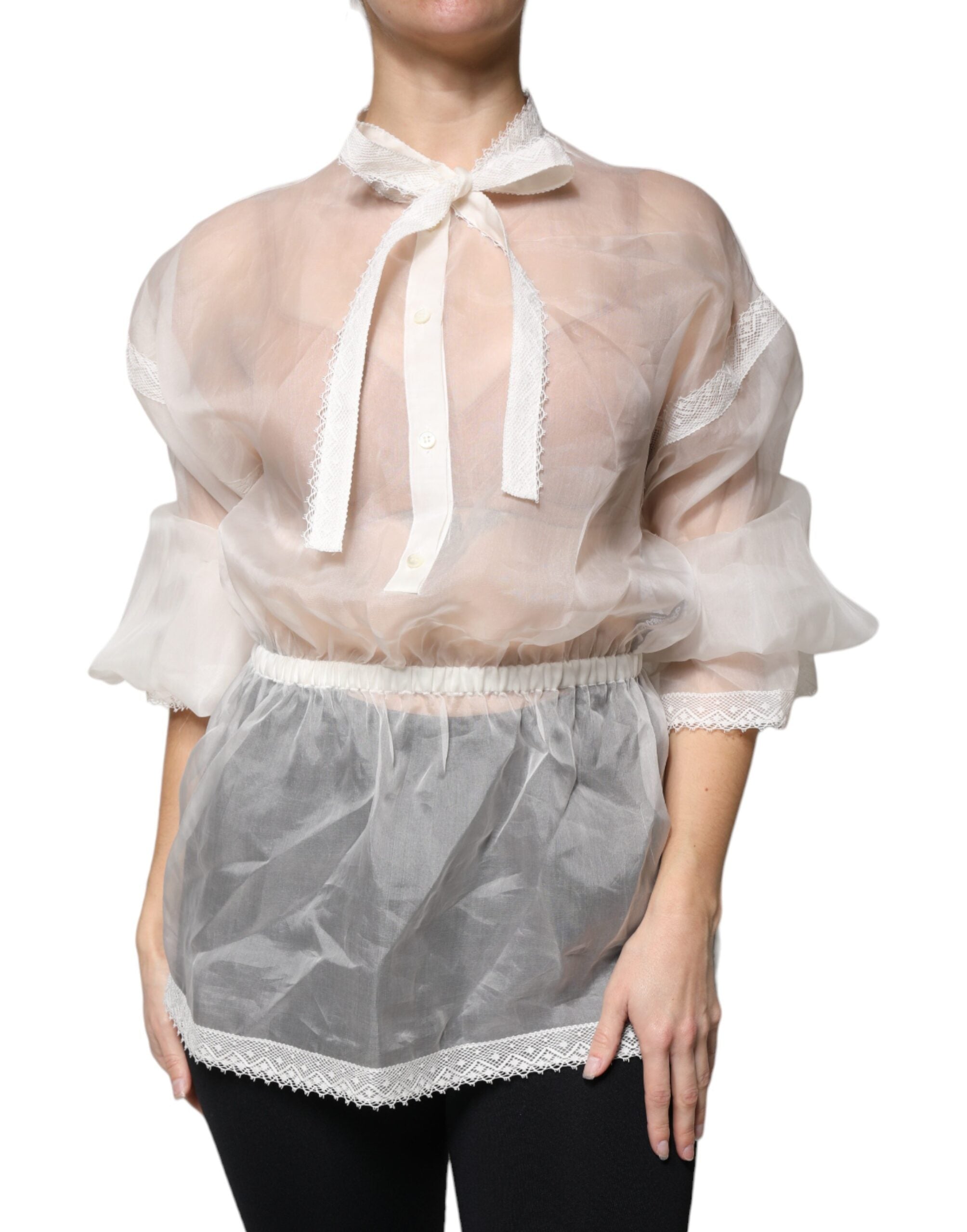 White Ascot Collar Long Sleeves Blouse Top - ventzia