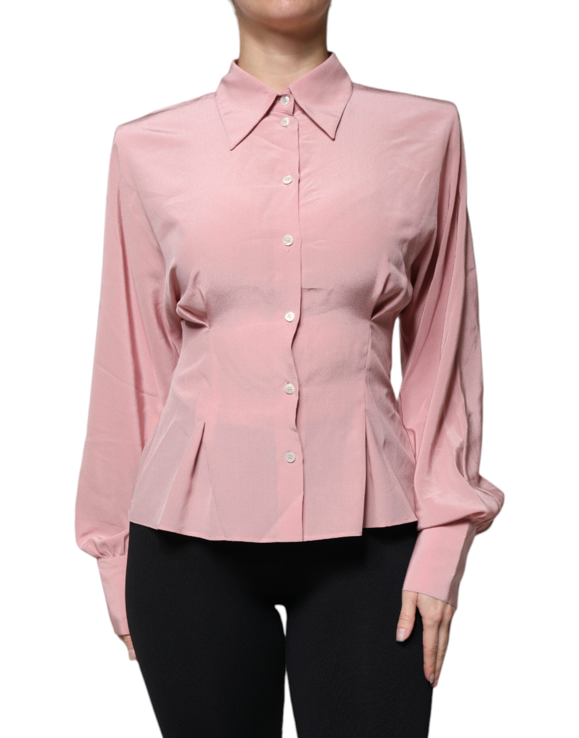 Pink Cotton Long Sleeves Collared Blouse Top - ventzia