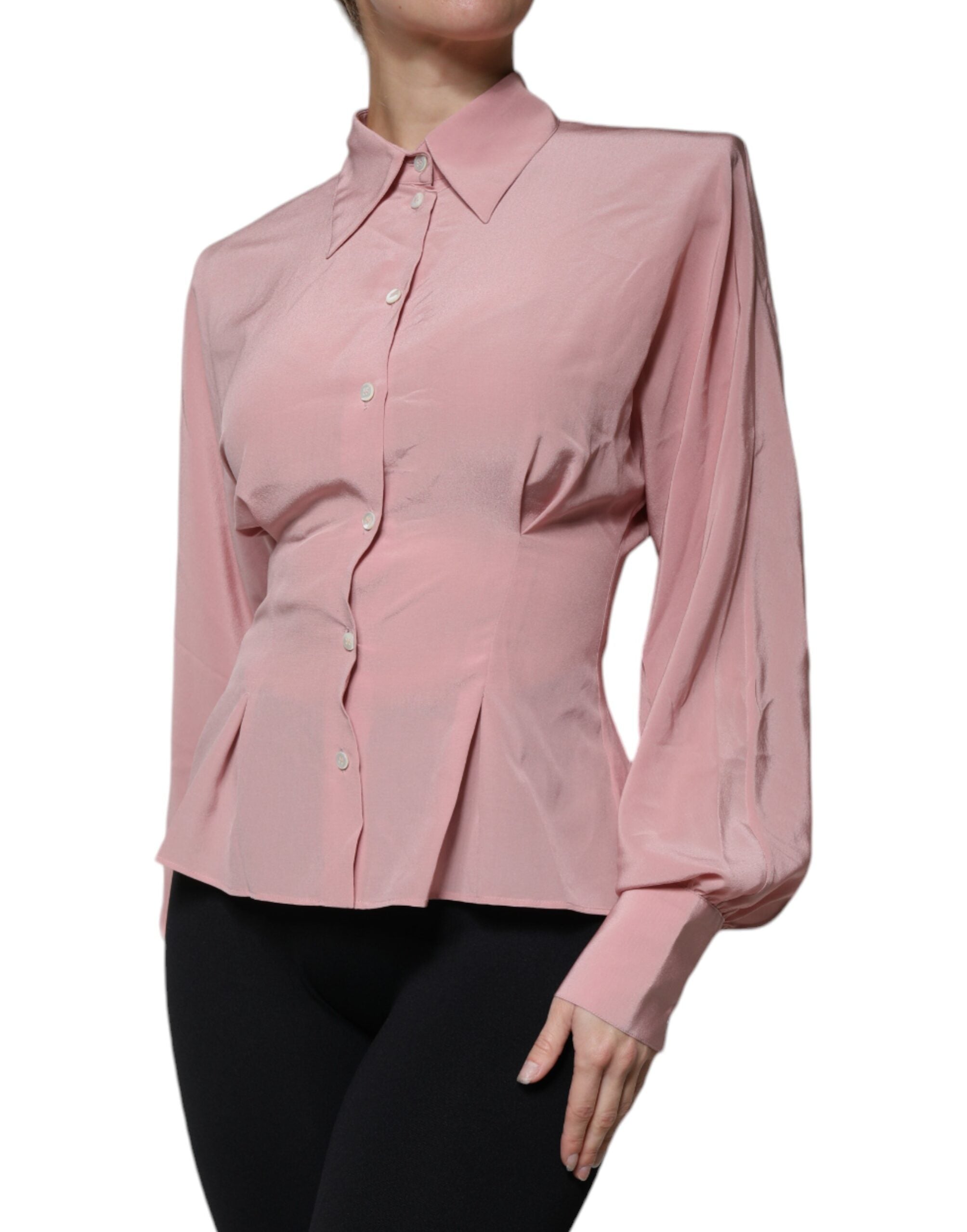 Pink Cotton Long Sleeves Collared Blouse Top - ventzia