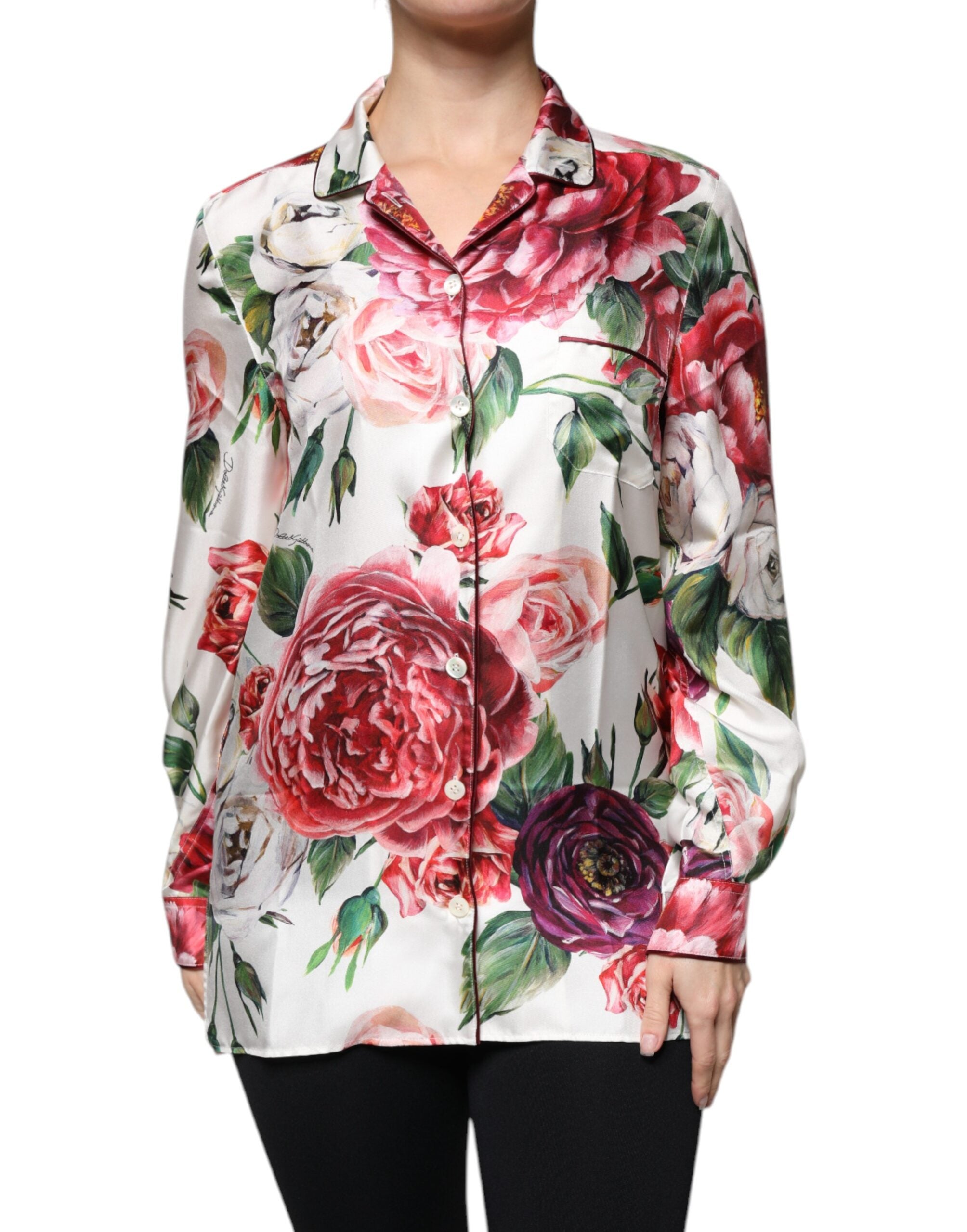 White Peony Silk Long Sleeves Collared Blouse Top - ventzia