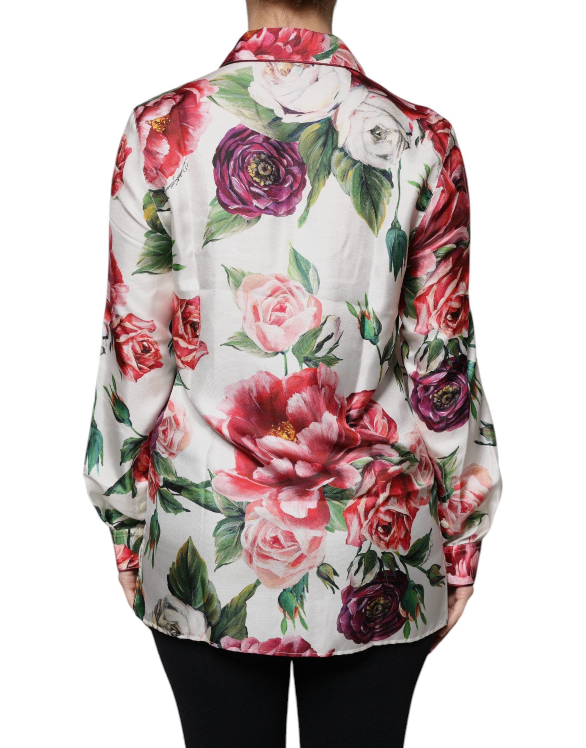 White Peony Silk Long Sleeves Collared Blouse Top - ventzia