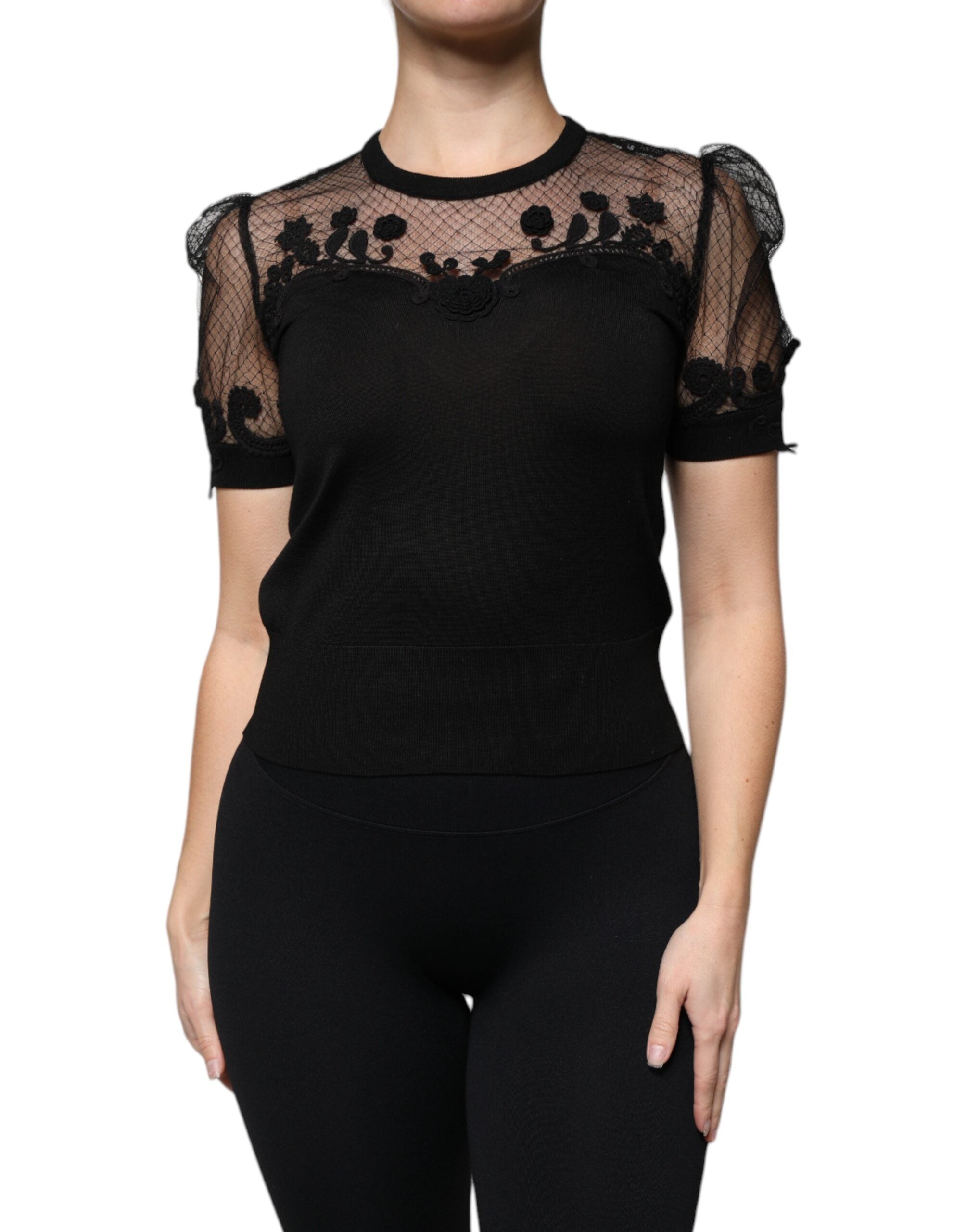 Black Floral Lace Short Sleeves Blouse Top - ventzia