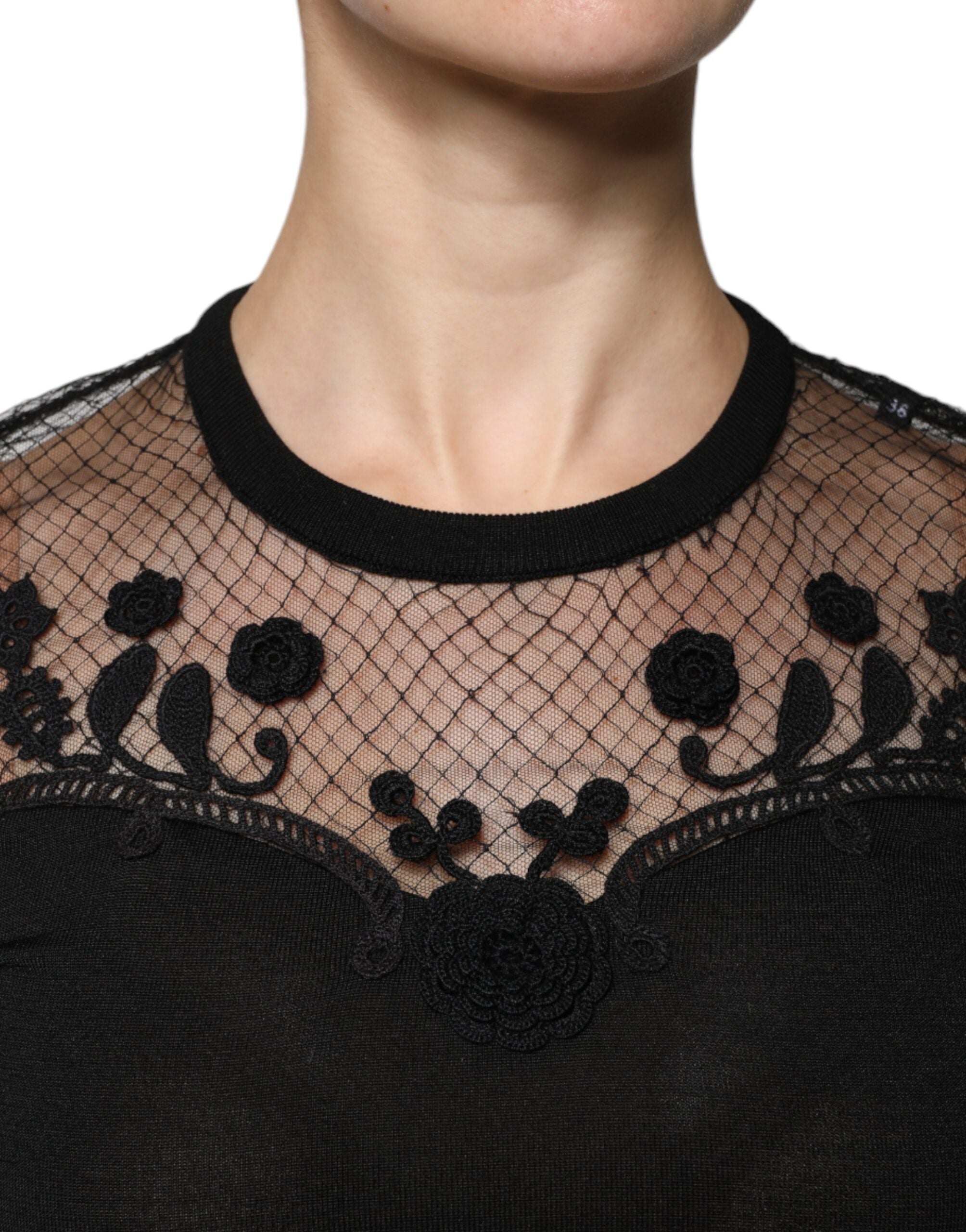 Black Floral Lace Short Sleeves Blouse Top - ventzia