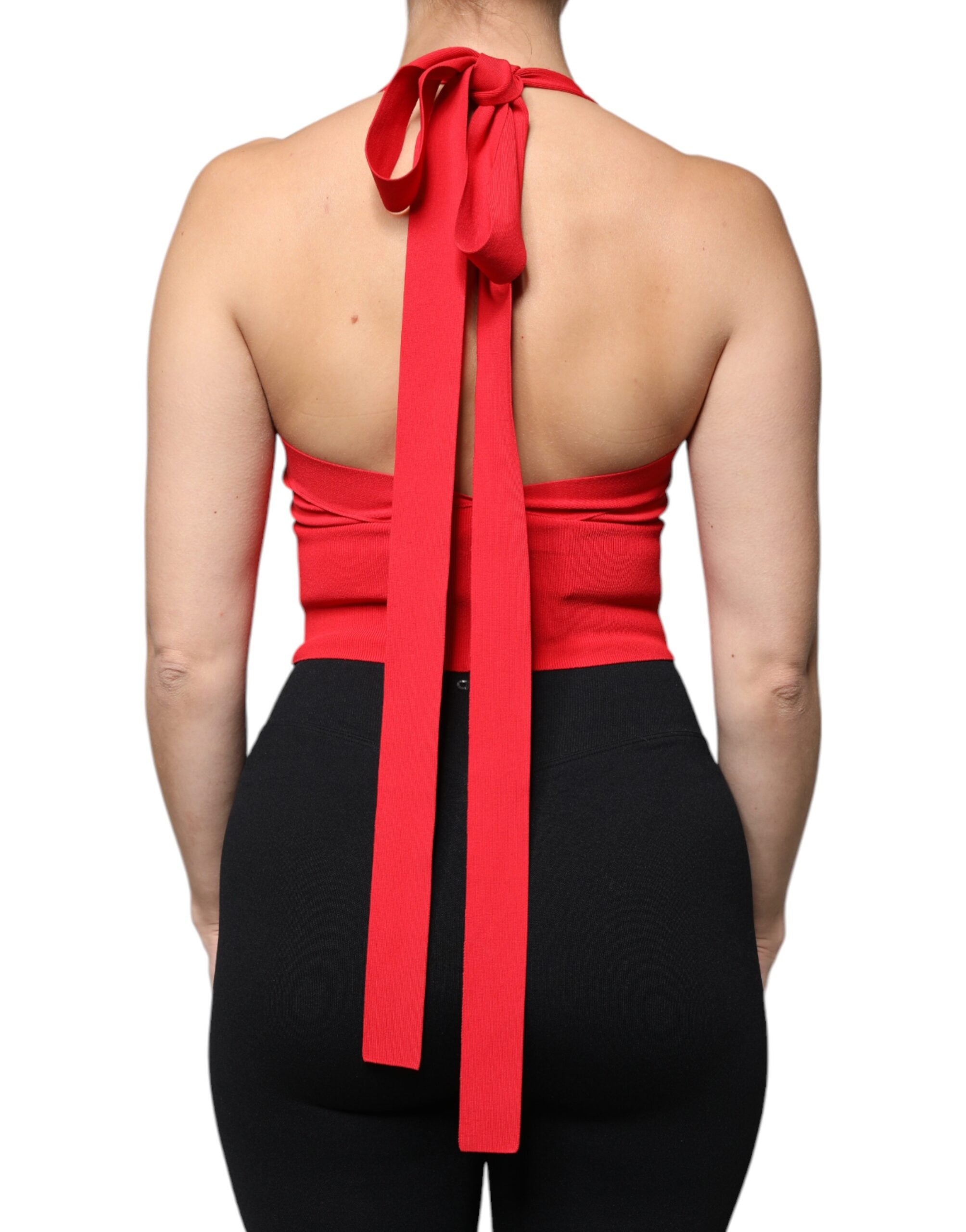 Red Viscose Sleeveless Halter Cropped Tank Top - ventzia