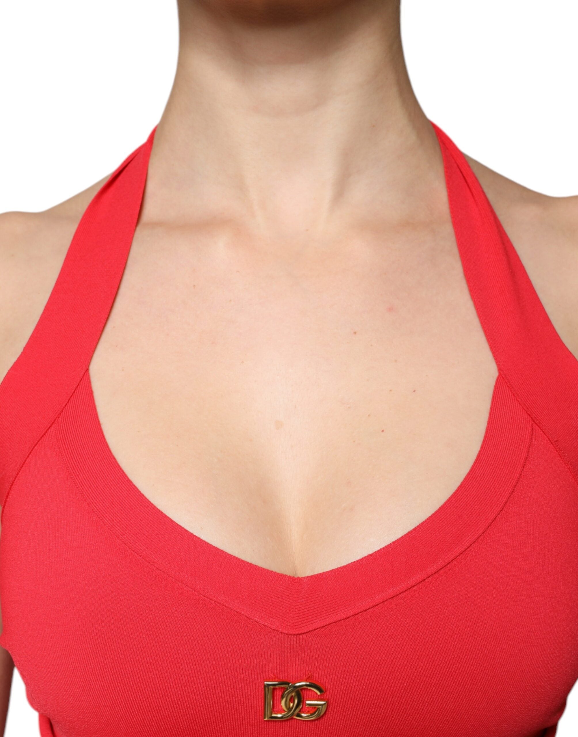Red Viscose Sleeveless Halter Cropped Tank Top - ventzia