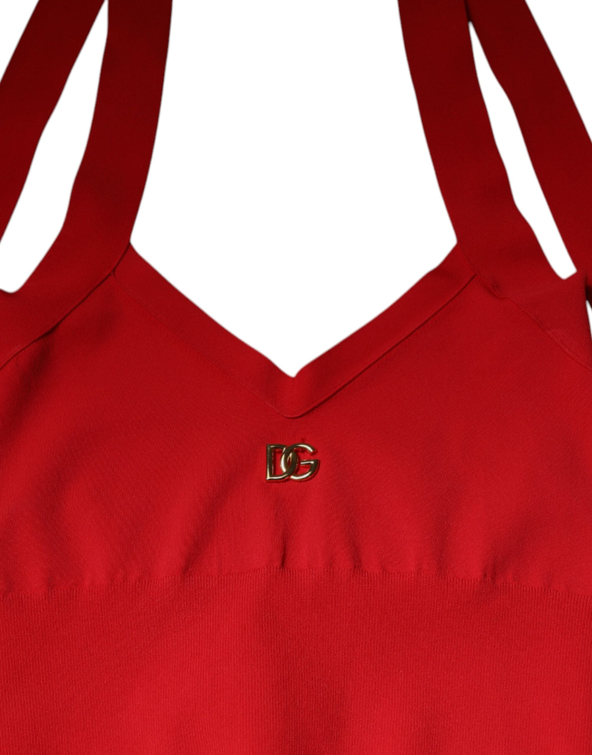 Red Viscose Sleeveless Halter Cropped Tank Top - ventzia