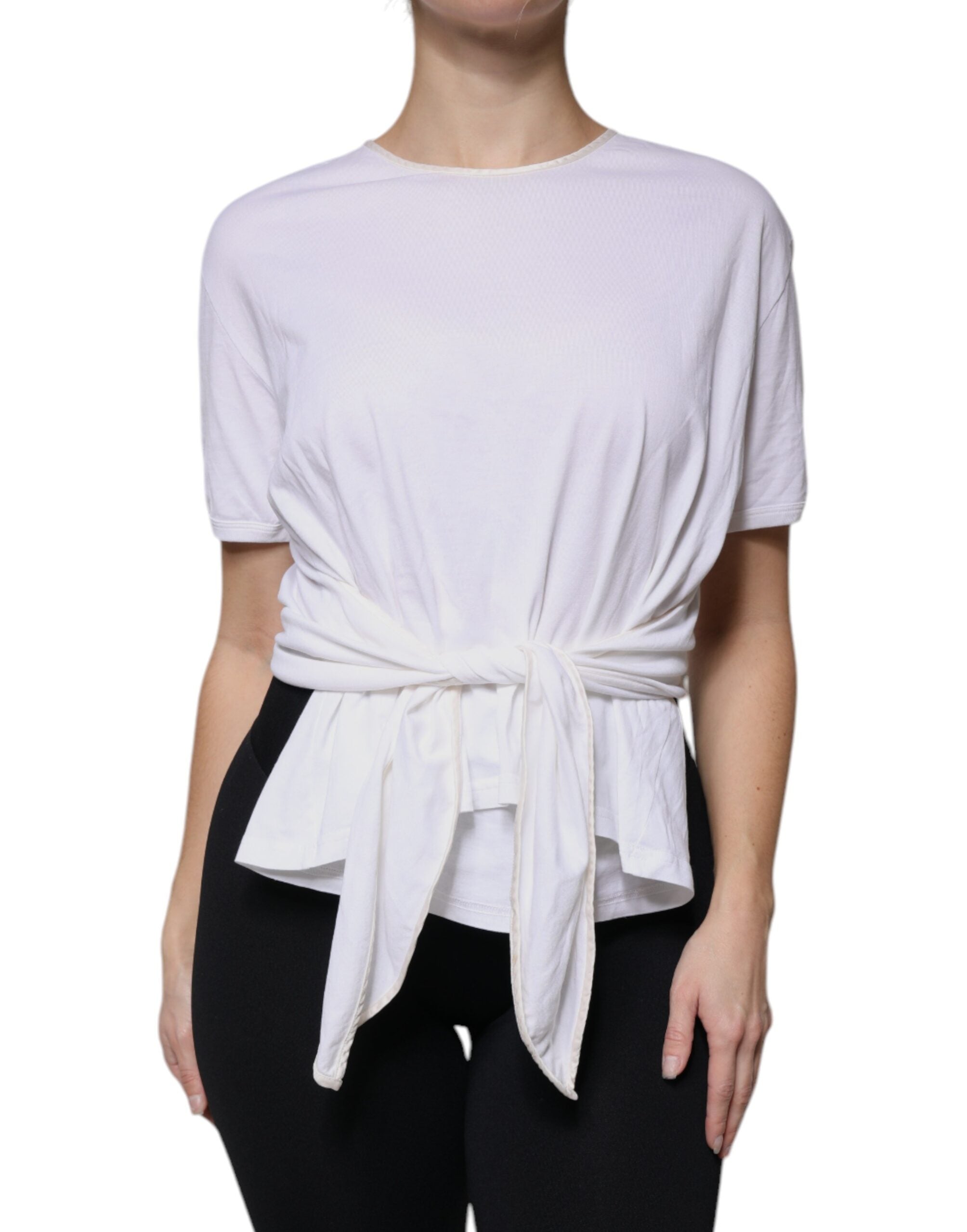 White Cotton Silk Round Neck Wrap Blouse Top - ventzia