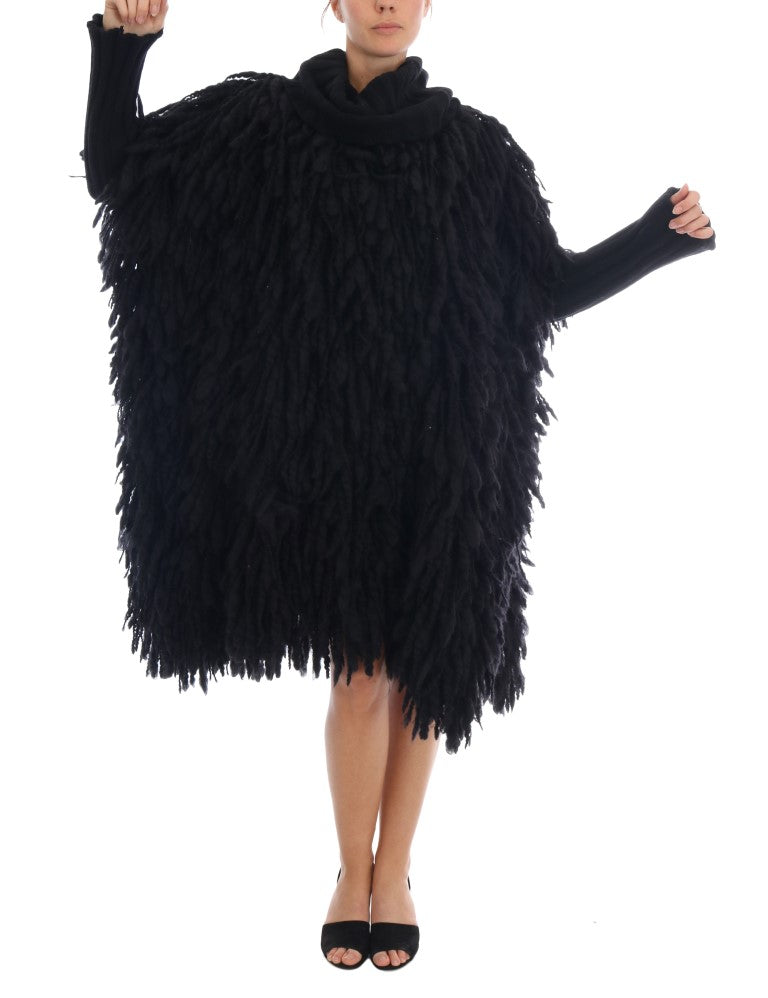 Elegant Black Fringed Wool-Cashmere Sweater - ventzia