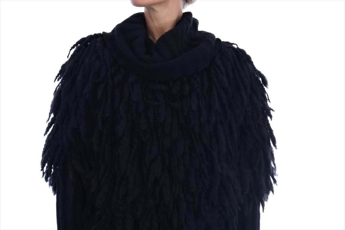Elegant Black Fringed Wool-Cashmere Sweater - ventzia