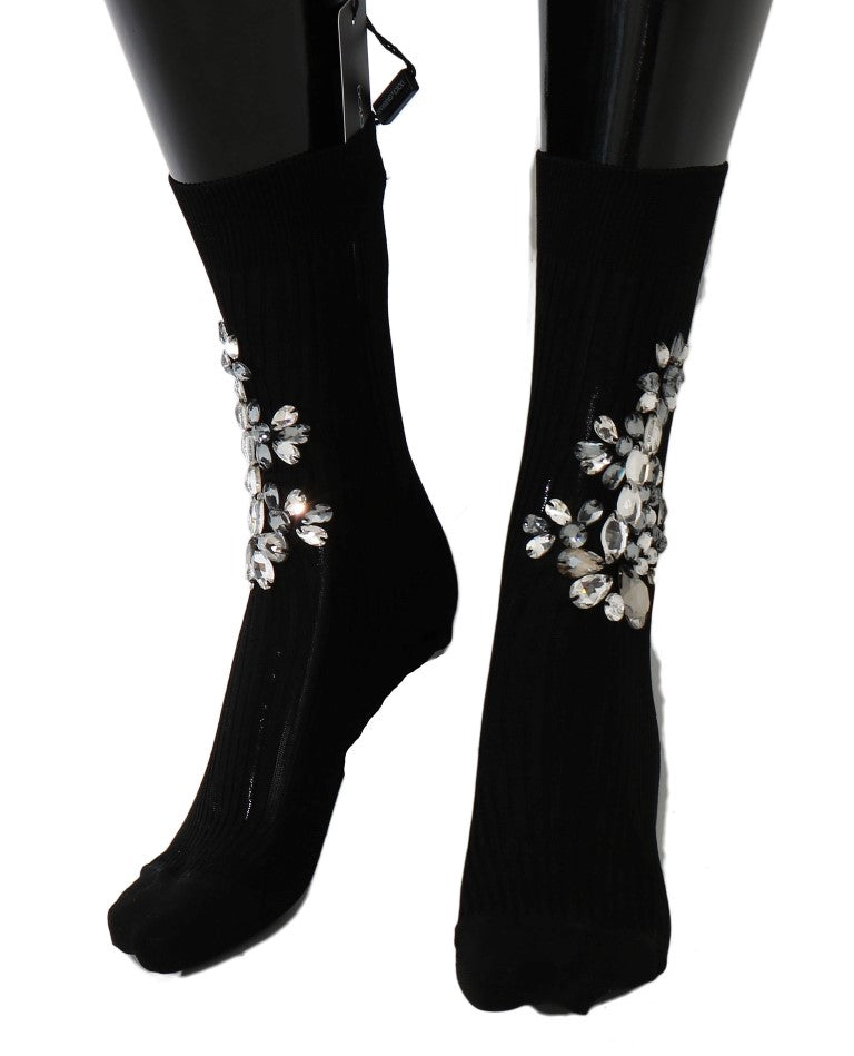 Crystal Embellished Black Knit Stockings - ventzia