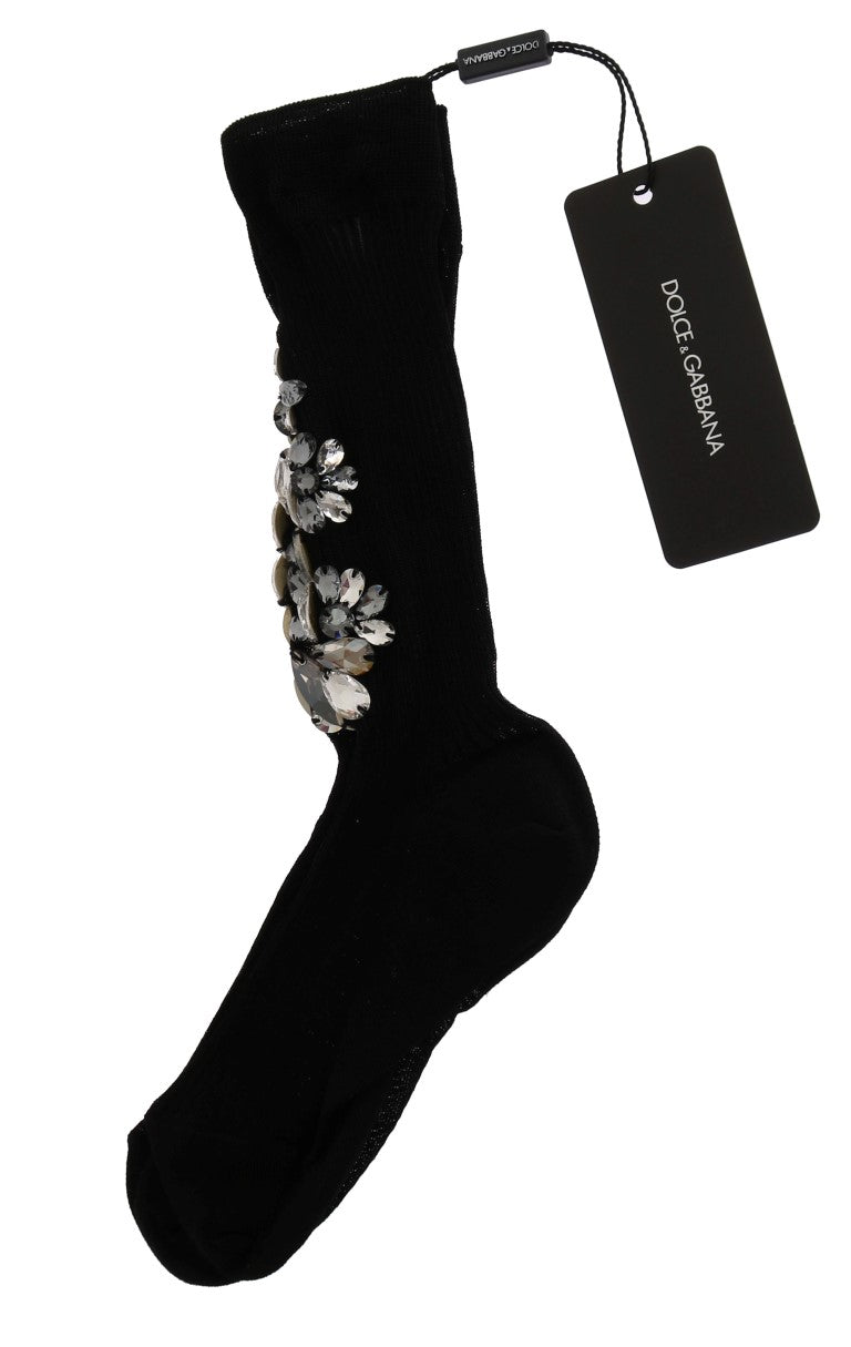 Crystal Embellished Black Knit Stockings - ventzia
