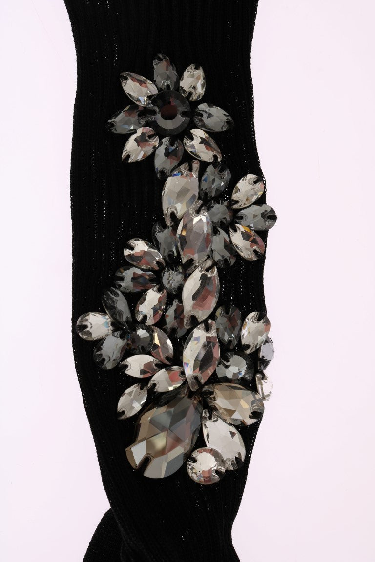 Crystal Embellished Black Knit Stockings - ventzia