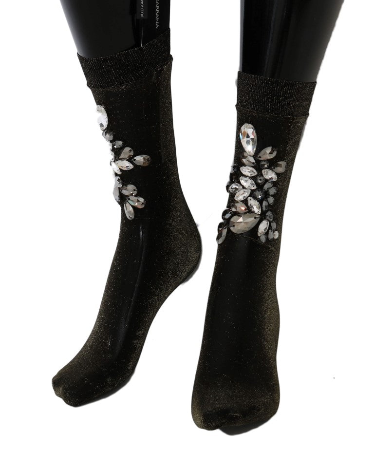 Crystal-Embellished Black Mid-Calf Stockings - ventzia