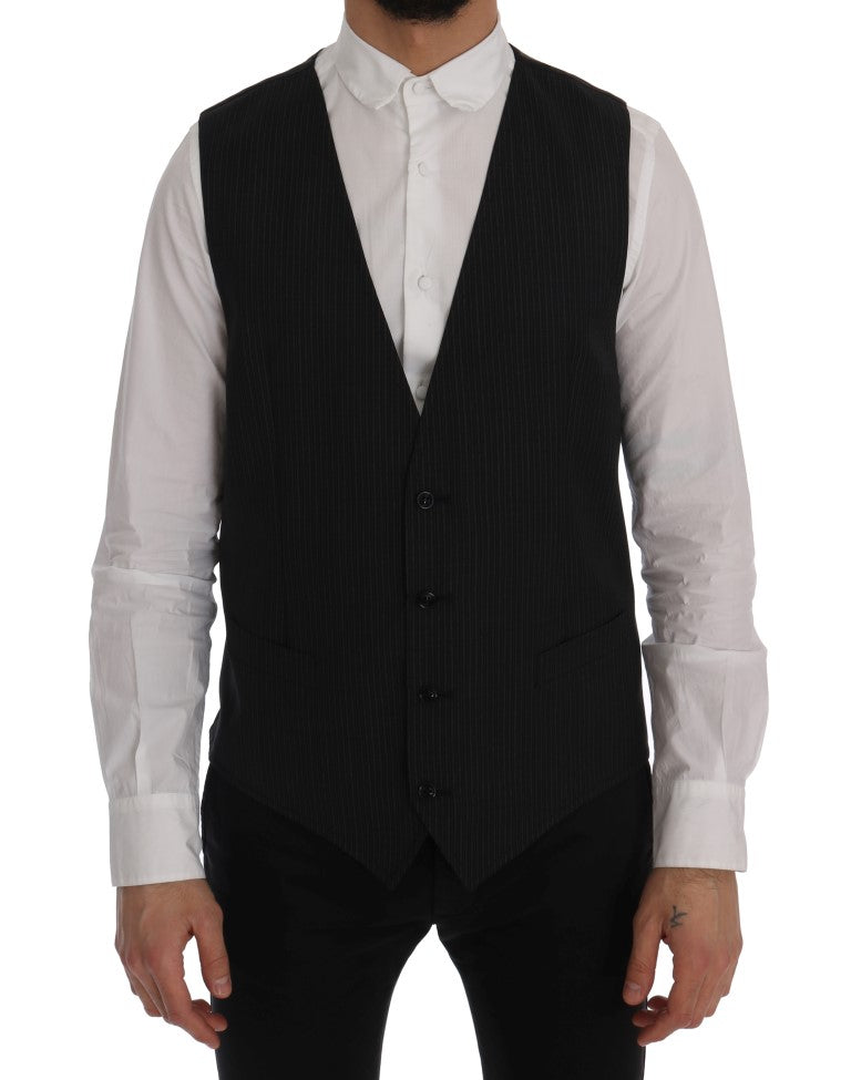 Elegant Gray Striped Wool Blend Vest - ventzia