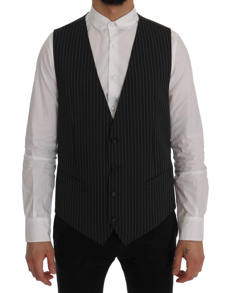 Elegant Gray Striped Vest Waistcoat - ventzia