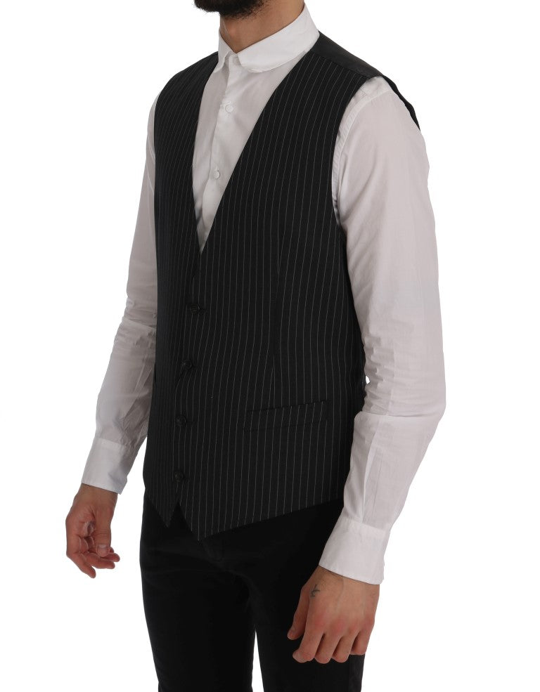 Elegant Gray Striped Vest Waistcoat - ventzia