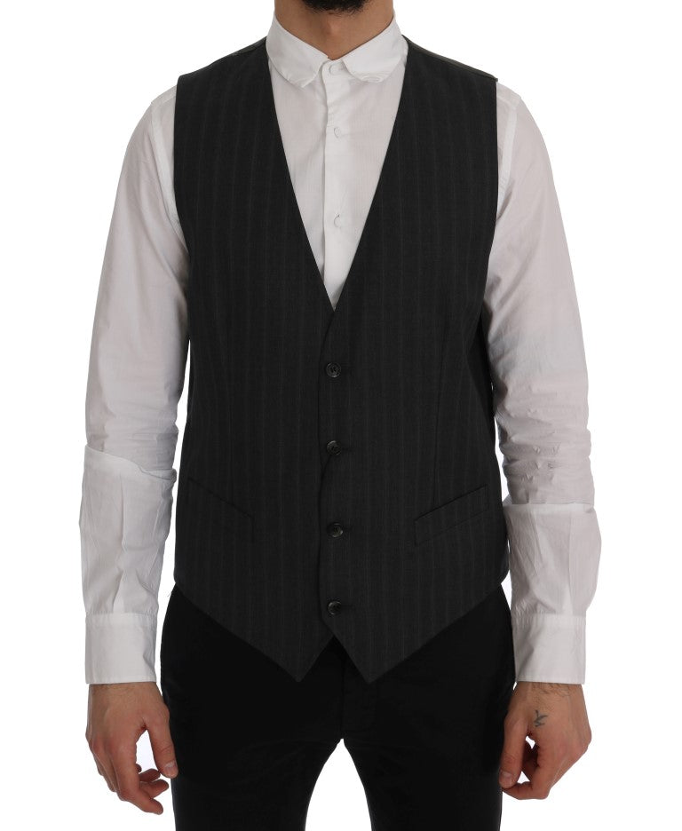 Elegant Gray Striped Single Breasted Vest - ventzia