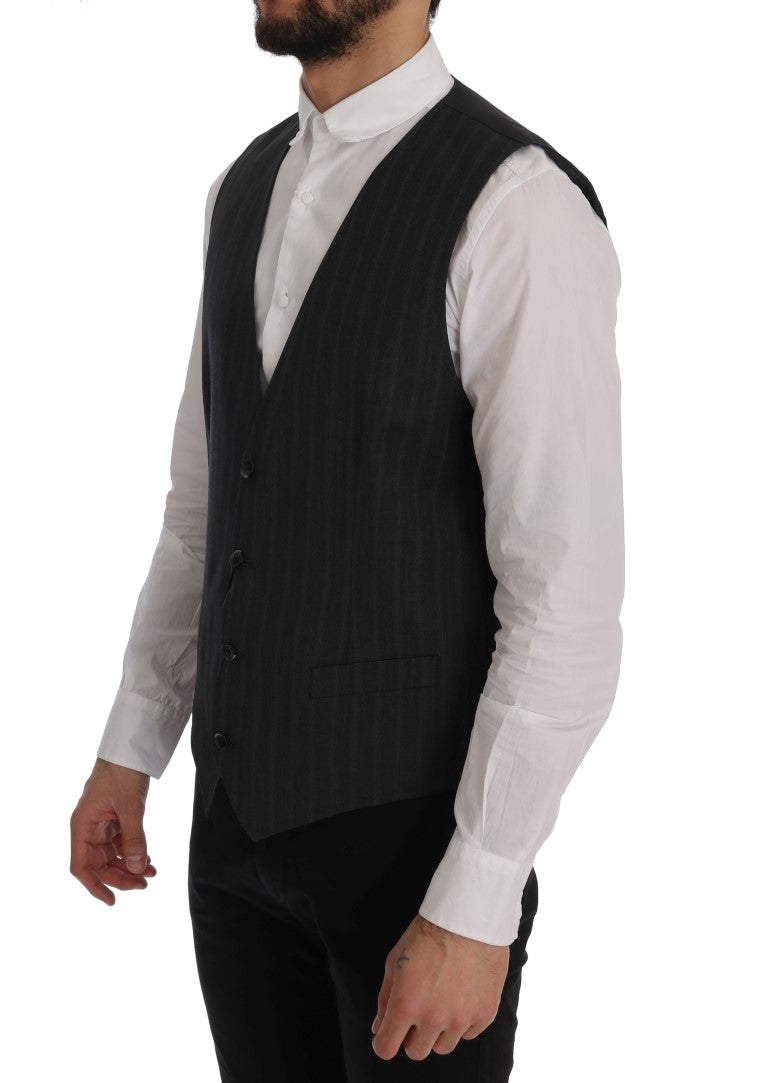 Elegant Gray Striped Single Breasted Vest - ventzia