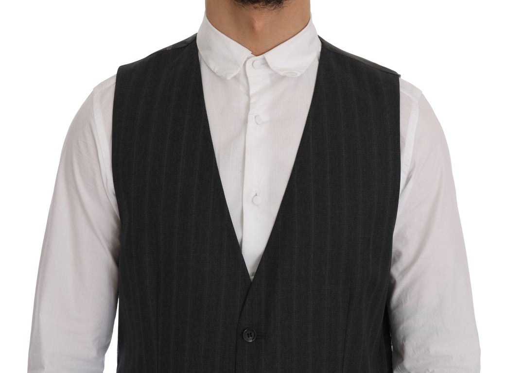 Elegant Gray Striped Single Breasted Vest - ventzia