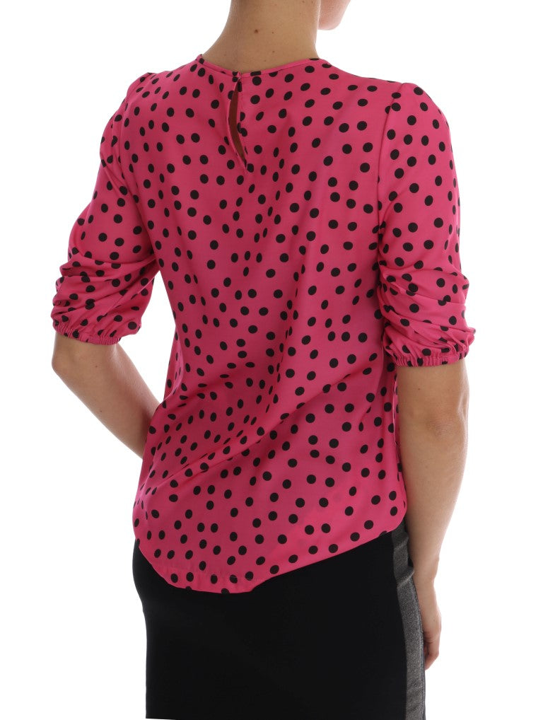 Chic Pink Polka Dotted Silk Blouse - ventzia