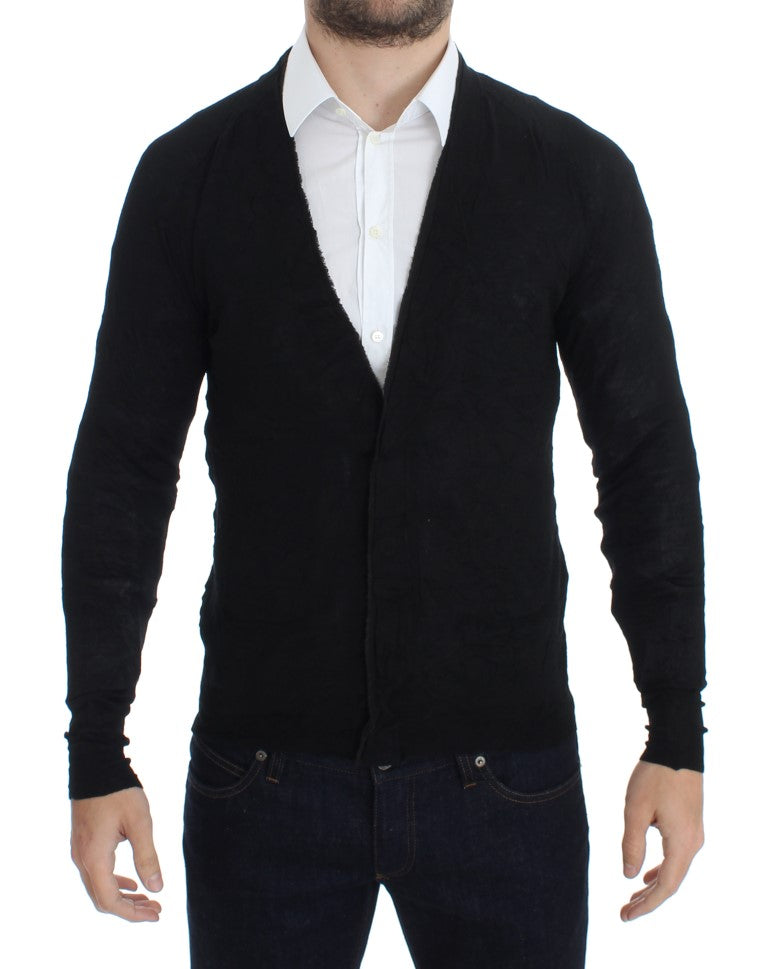 Elegant Black Merino Wool Cardigan - ventzia