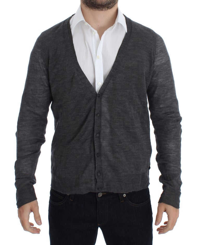 Elegant Gray Wool Blend Cardigan Sweater - ventzia
