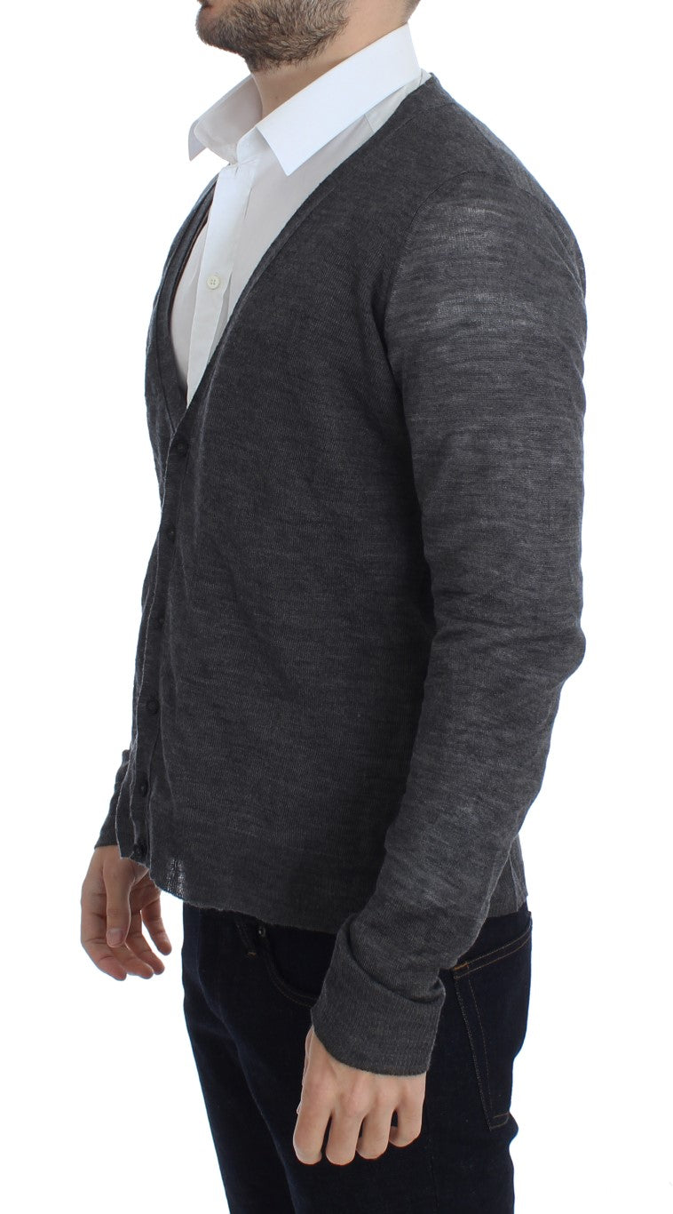 Elegant Gray Wool Blend Cardigan Sweater - ventzia