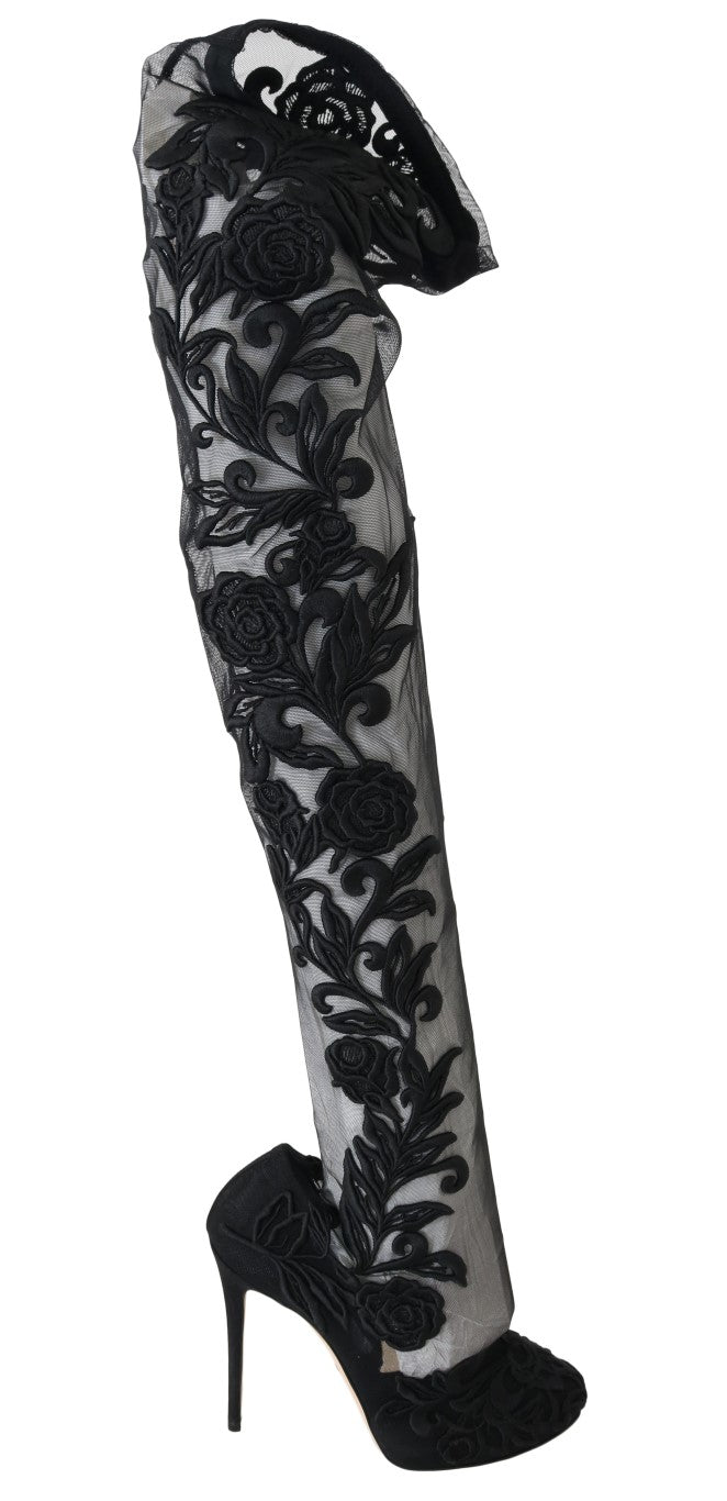 Embroidered Floral Over-Knee Boots - ventzia